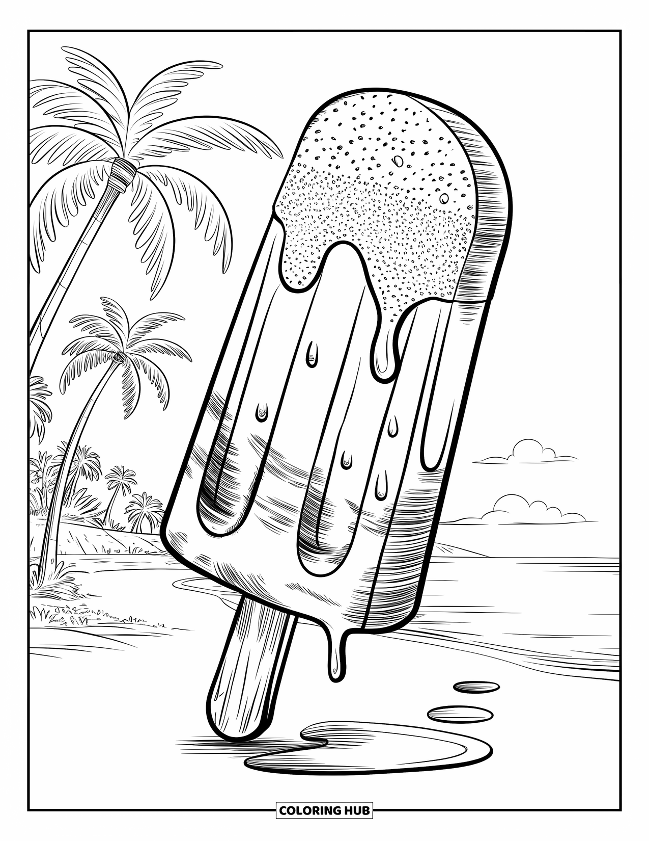 Kleurplaat van een ijslolly voor volwassenen: Een smeltende ijslolly in een serene strandscène met palmbomen en een heldere hemel