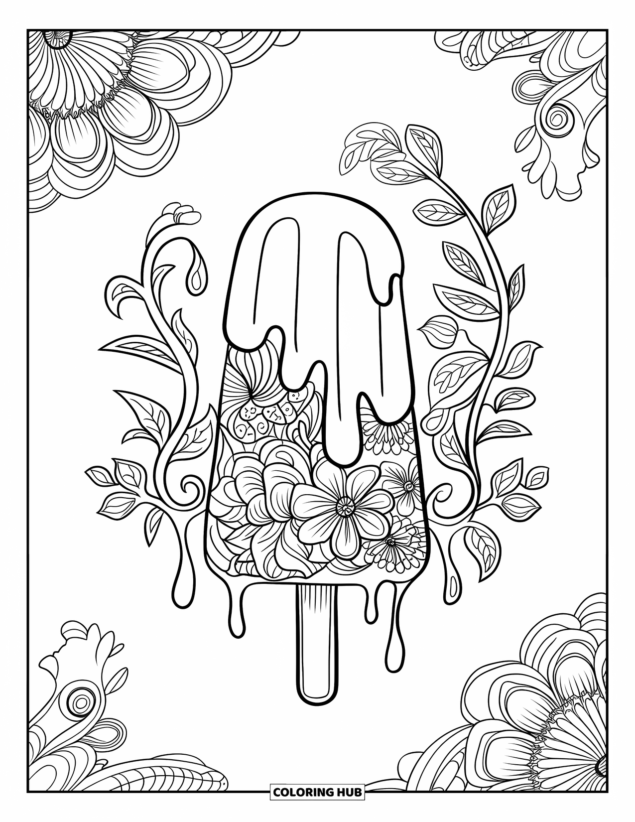 Kleurplaat van een ijslolly voor volwassenen: Een smeltende ijslolly die verandert in wervelende ranken en bloeiende bloemen
