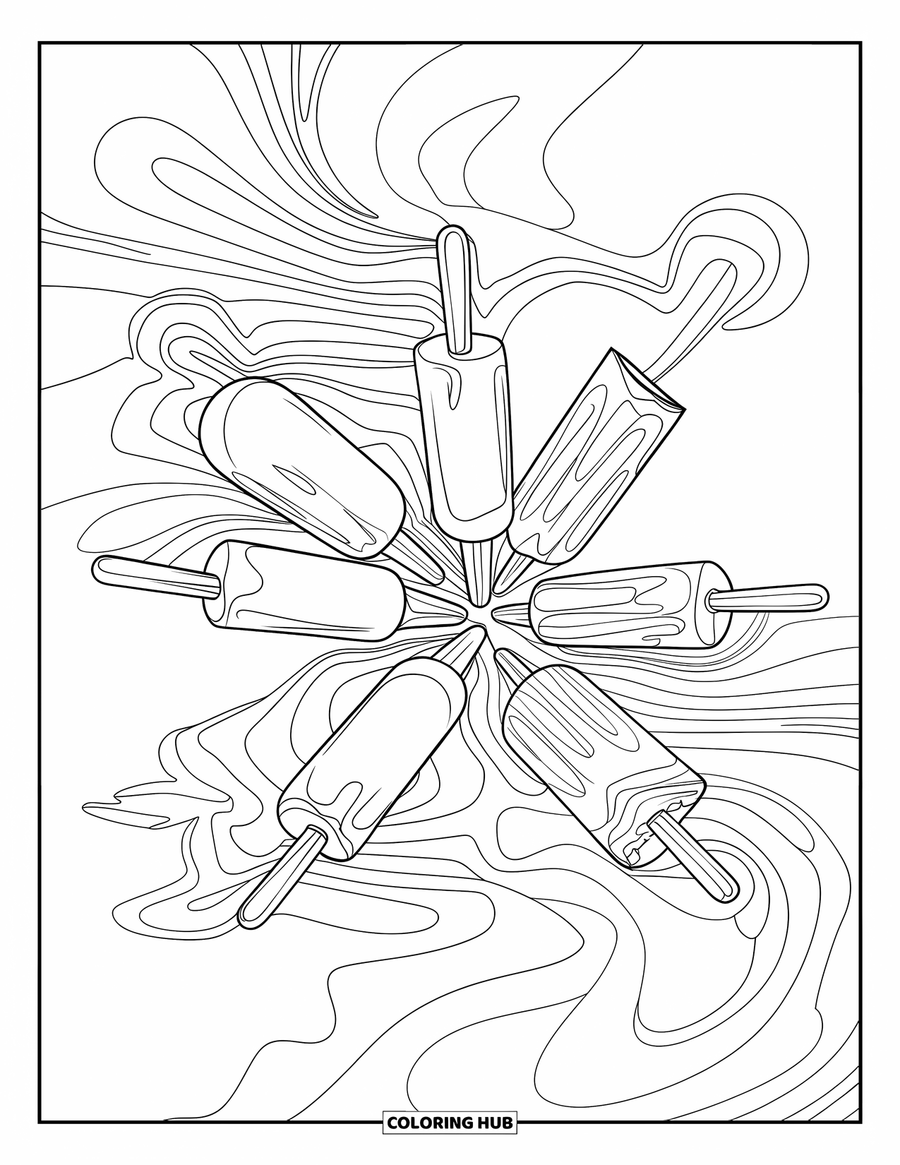 Kleurplaat van een ijslolly voor volwassenen: Een betoverende mix van ijslolly's en abstracte vloeiende patronen in een meditatief ontwerp