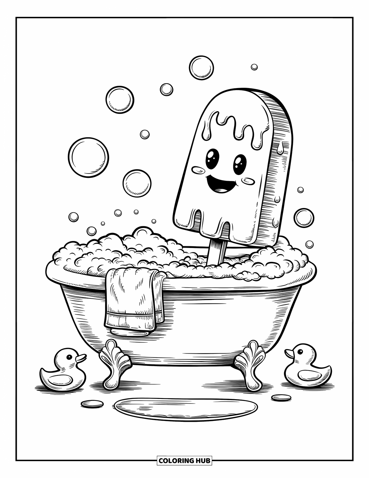 Kleurplaat van een ijslolly voor volwassenen: Een ijslolly die een spadag neemt in een badkuip met rubberen eendjes en bruisende bubbels