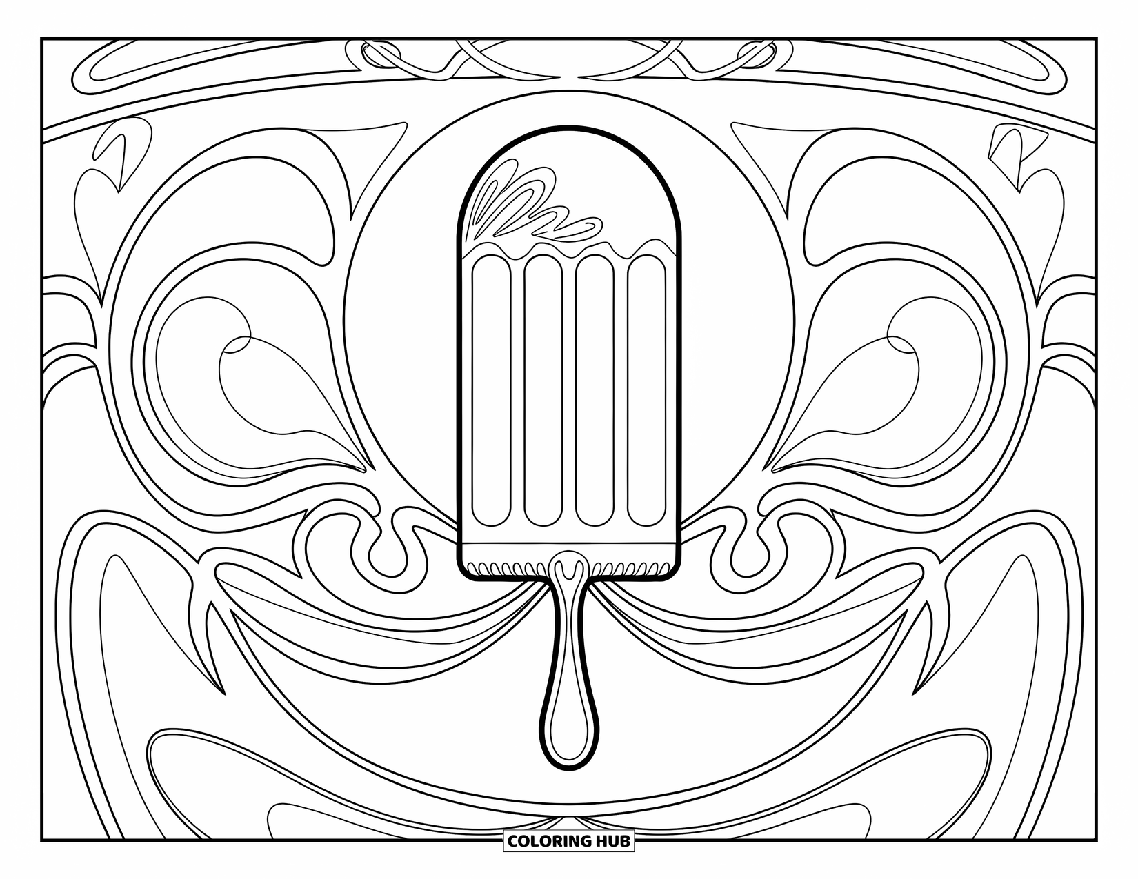 Kleurplaat van een ijslolly voor volwassenen: Een gestileerde ijslolly met ingewikkelde patronen en vloeiende art nouveau-versieringen