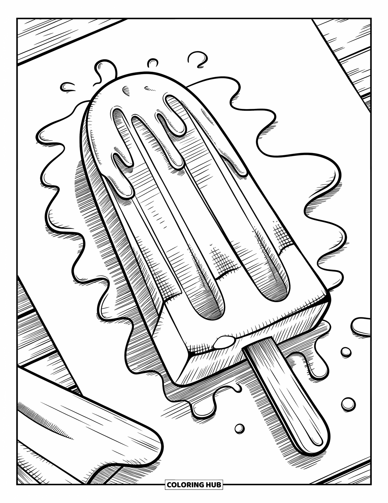 Kleurplaat van een ijslolly voor volwassenen: Een ijslolly met een zomerthema met smeltende druppels, geplaatst op een houten stokje