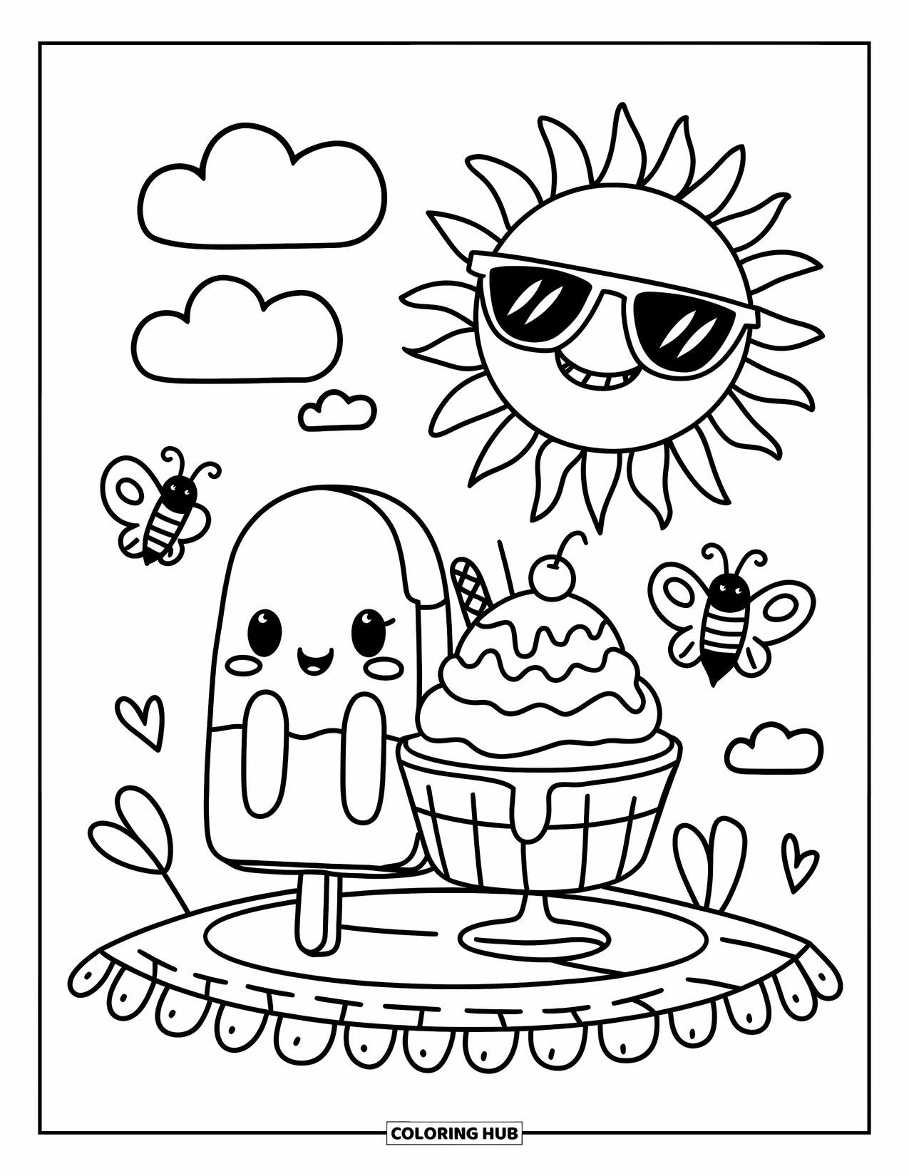 Kleurplaat van een ijslolly voor volwassenen: Een zonnige picknickscène met een ijslolly, een ijscoupe en een vrolijk zomerbriesje