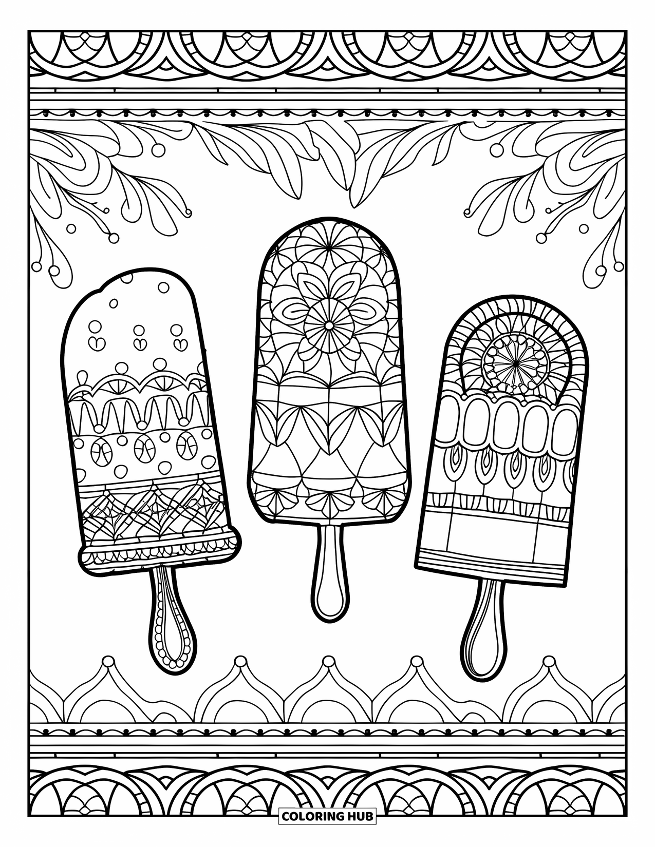 Kleurplaat van een ijslolly voor volwassenen: Een trio van artistieke ijslolly's met retro-geïnspireerde patronen en een bloemenrand