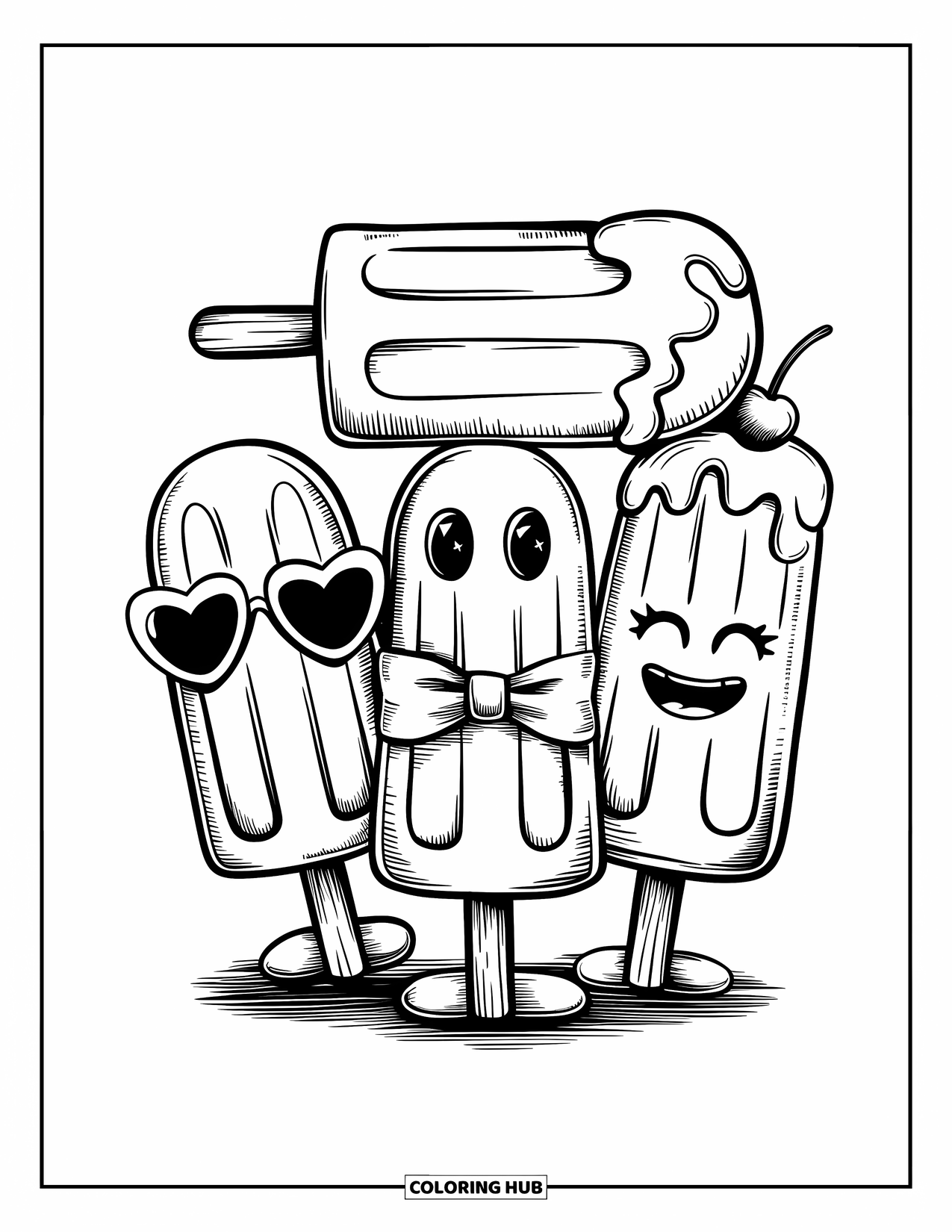 Kleurplaat van een ijslolly voor volwassenen: Een trio van blije ijslolly's op elkaar gestapeld, elk met een unieke persoonlijkheid