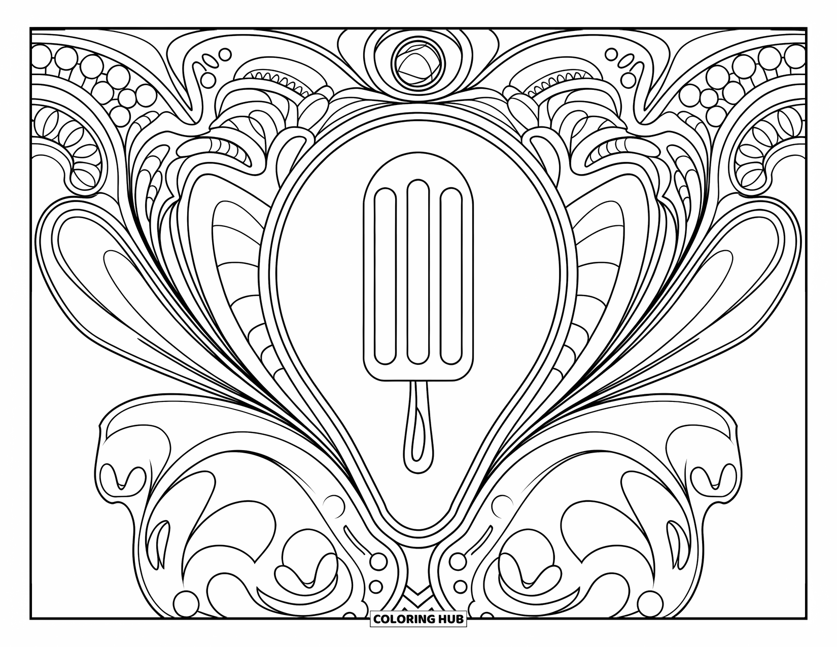 Kleurplaat van een ijslolly voor volwassenen: Een elegante ijslolly omringd door vloeiende, decoratieve curven in een art nouveau-stijl