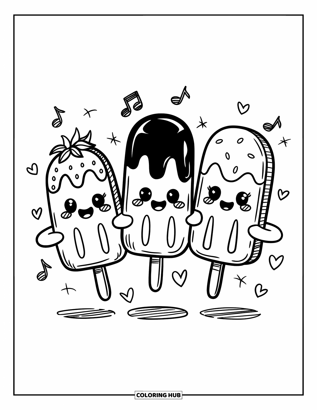 Kleurplaat van een ijslolly voor volwassenen: Drie vrolijke ijslolly's die elkaars hand vasthouden en dansen met vrolijke gezichten