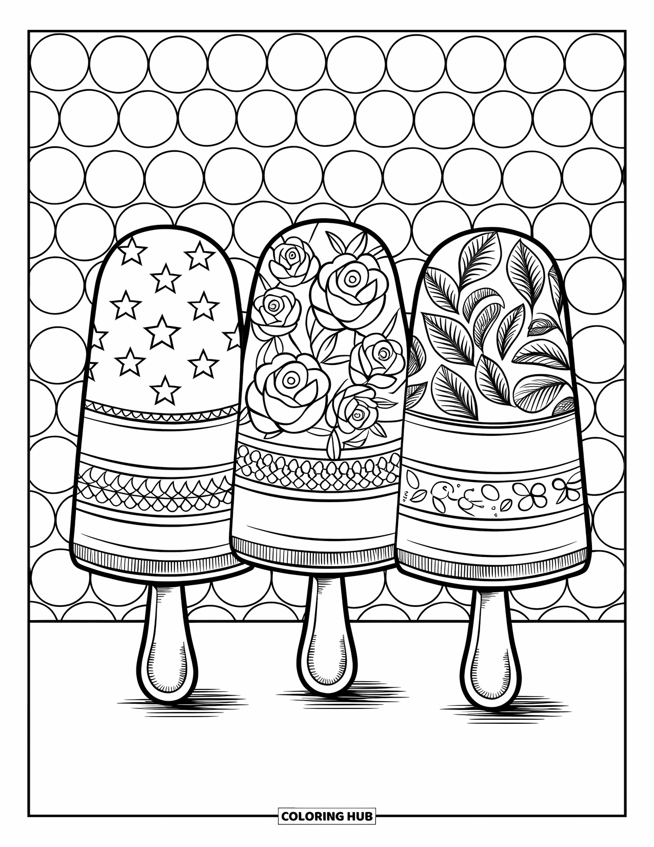 Kleurplaat van een ijslolly voor volwassenen: Drie ijslolly's met patronen met sierlijke details, geplaatst tegen een getextureerde achtergrond