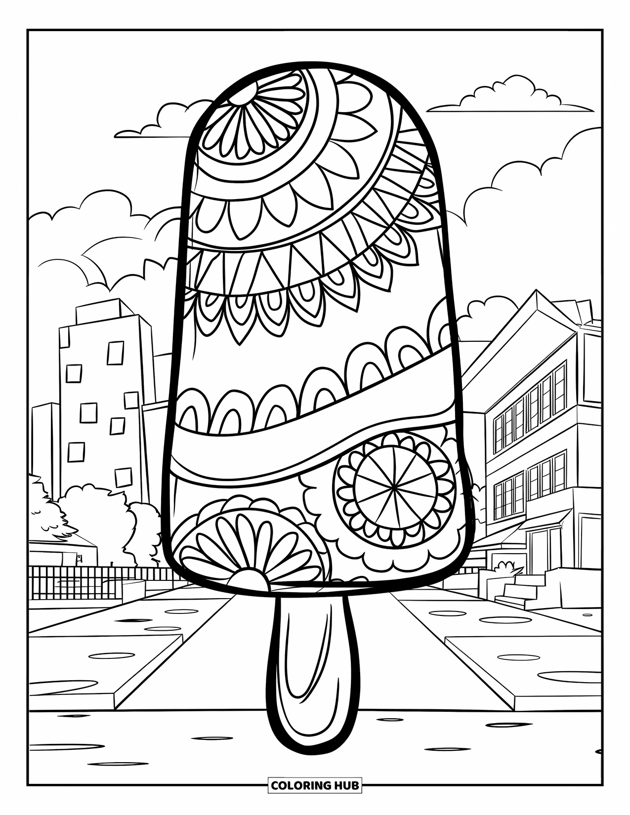 Kleurplaat van een ijslolly voor kinderen: Een prachtig gedessineerde ijslolly, rustend tegen een levendige zomerse stadsachtergrond