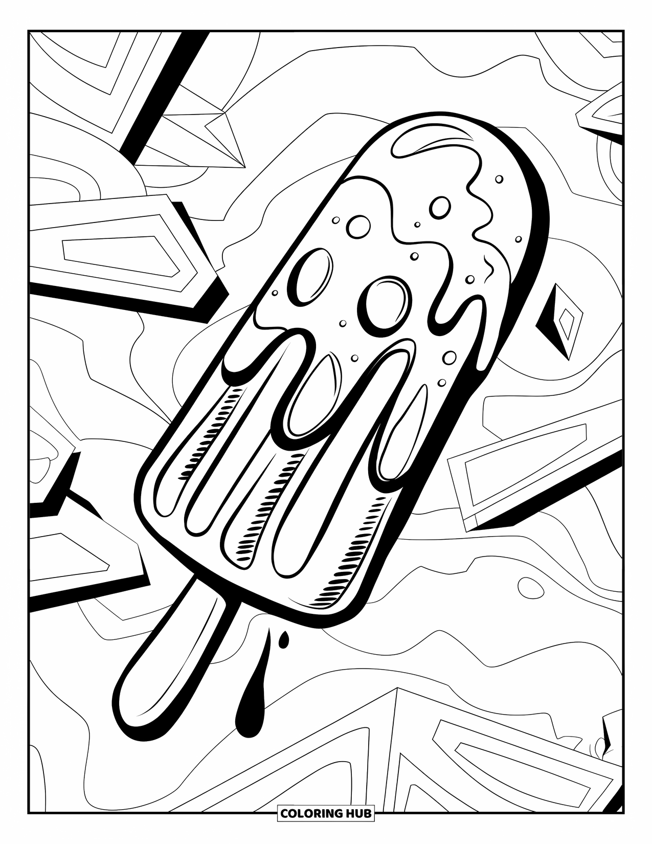 Kleurplaat van een ijslolly voor kinderen: Een prachtig gedraaide ijslolly, geplaatst op een abstracte geometrische achtergrond