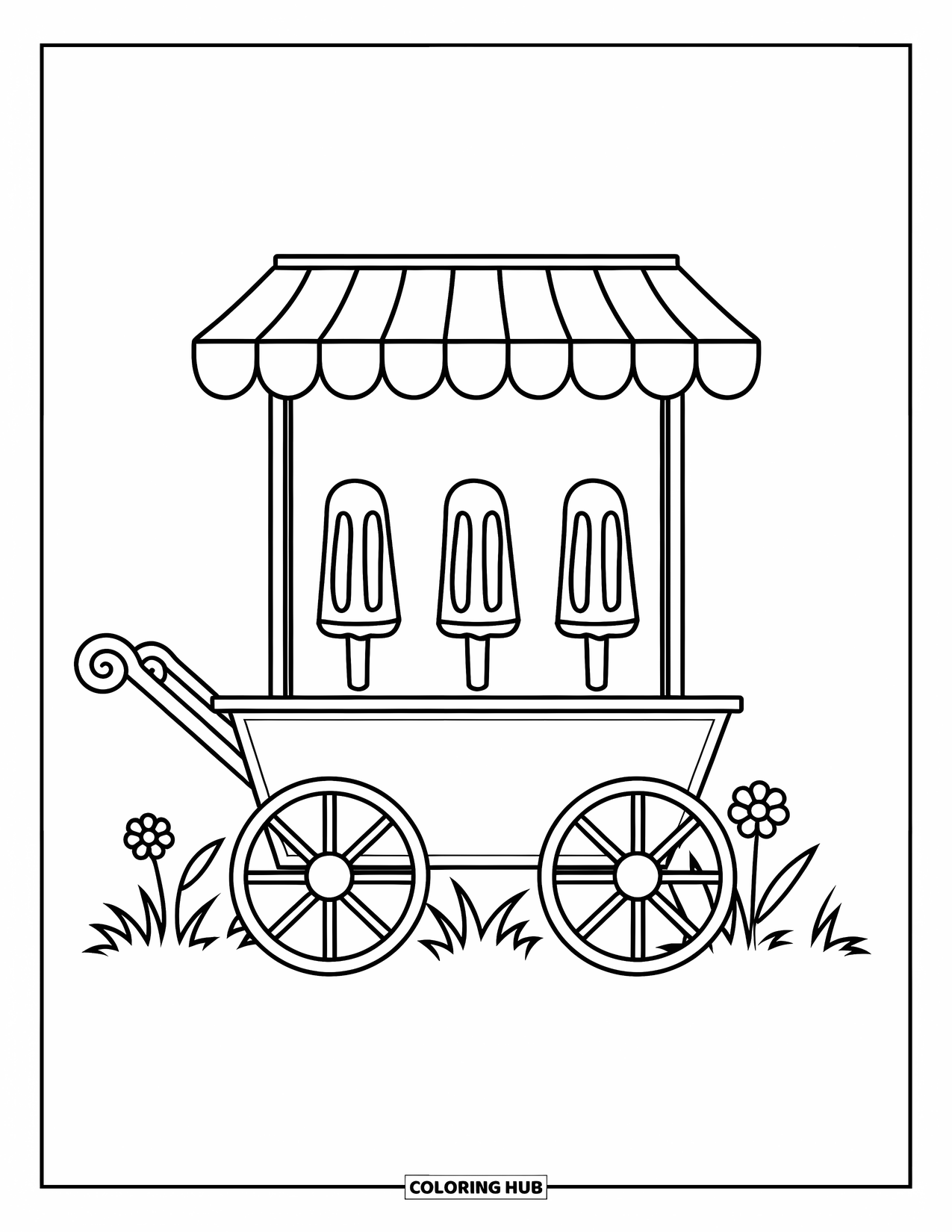 Kleurplaat van een ijslolly voor kinderen: Een charmante ijslollykar met drie bevroren traktaties, zittend in een rustige buitenomgeving