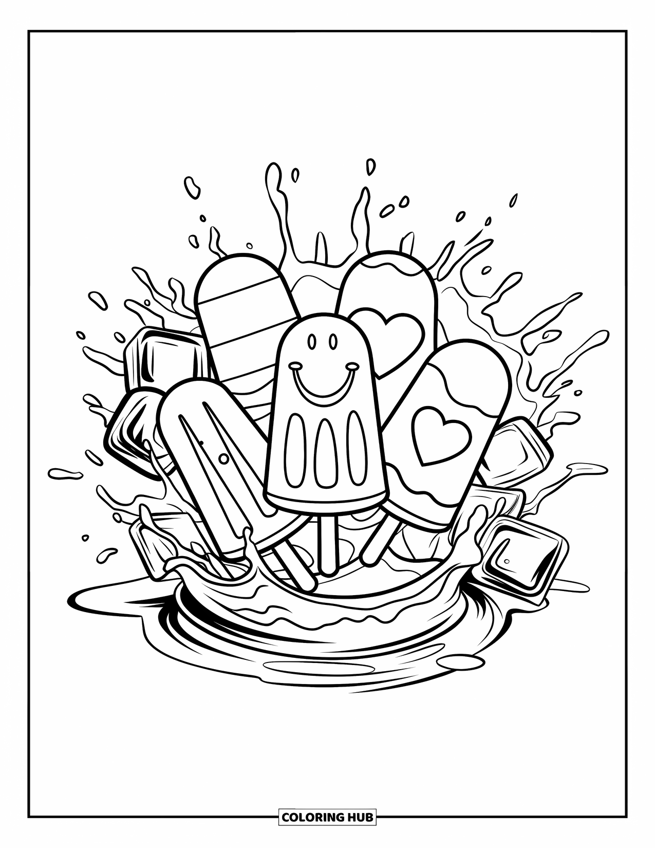 Kleurplaat van een ijslolly voor kinderen: Een vrolijke verzameling ijslolly's met unieke ontwerpen, omringd door opspattend water