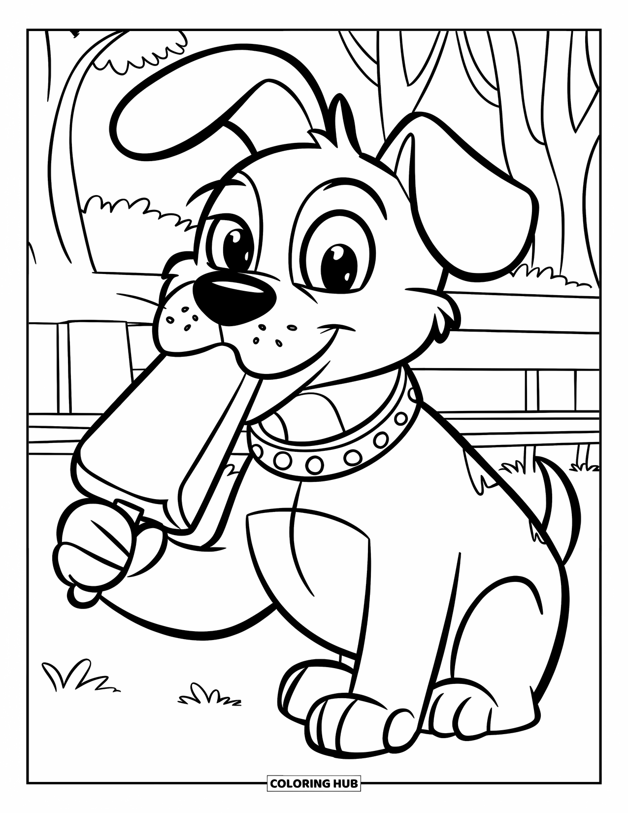 Kleurplaat van een ijslolly voor kinderen: Een vrolijke hond die aan een ijslolly likt, met een schattige halsband met stippen