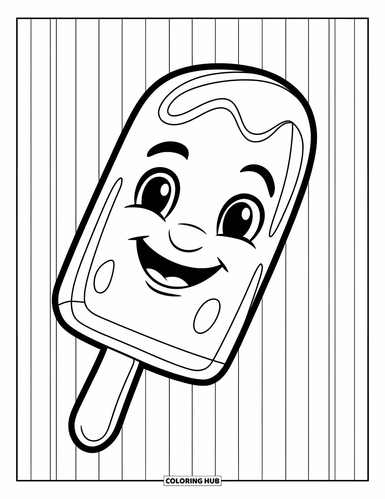Kleurplaat van een ijslolly voor kinderen: Een vrolijke ijslolly met een lachend gezicht, rustend op een eenvoudig gestreept patroon