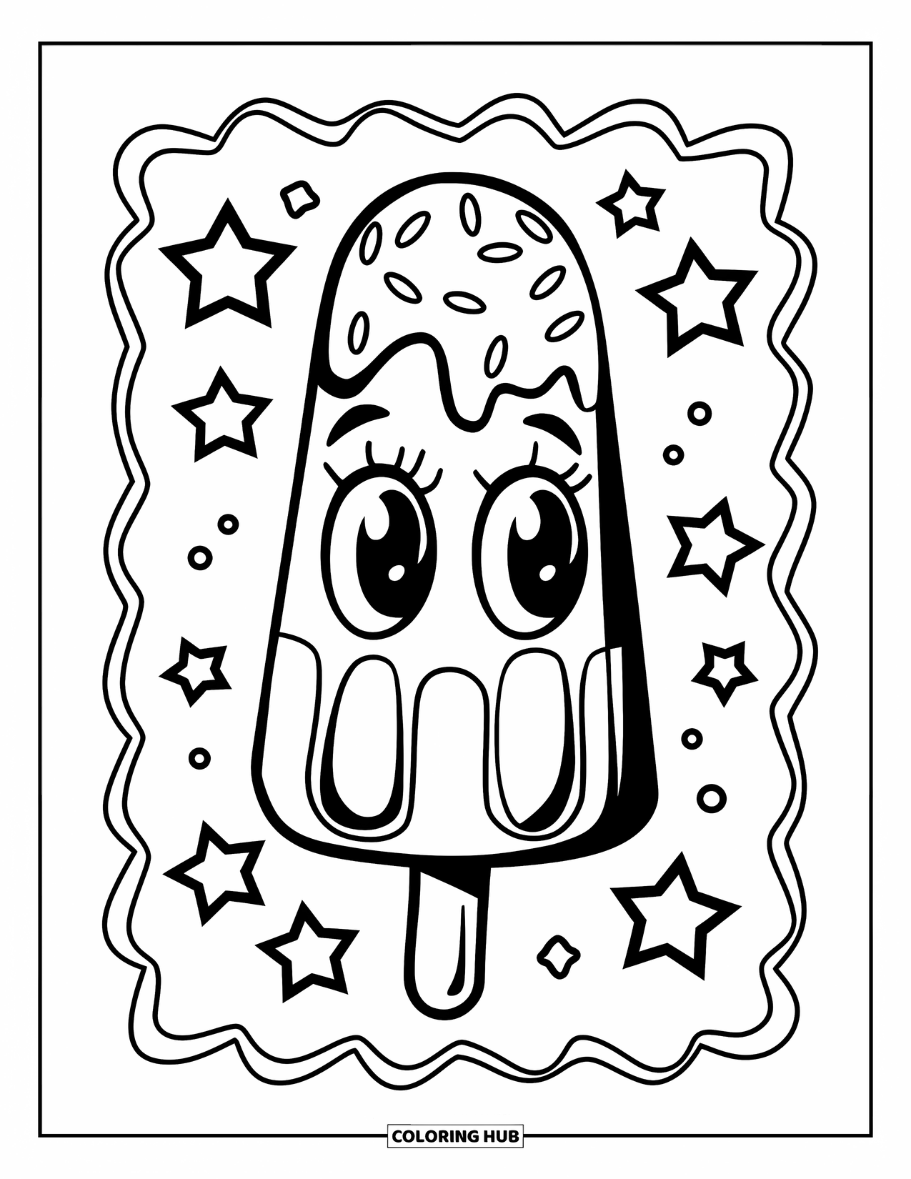 Kleurplaat van een ijslolly voor kinderen: Een vrolijke ijslolly met grote cartoonogen, hagelslag en een leuke golvende rand