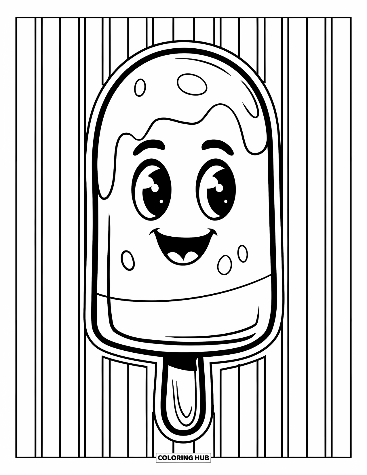 Kleurplaat van een ijslolly voor kinderen: Een schattige lachende ijslolly, vrolijk staand op een gestreepte achtergrond