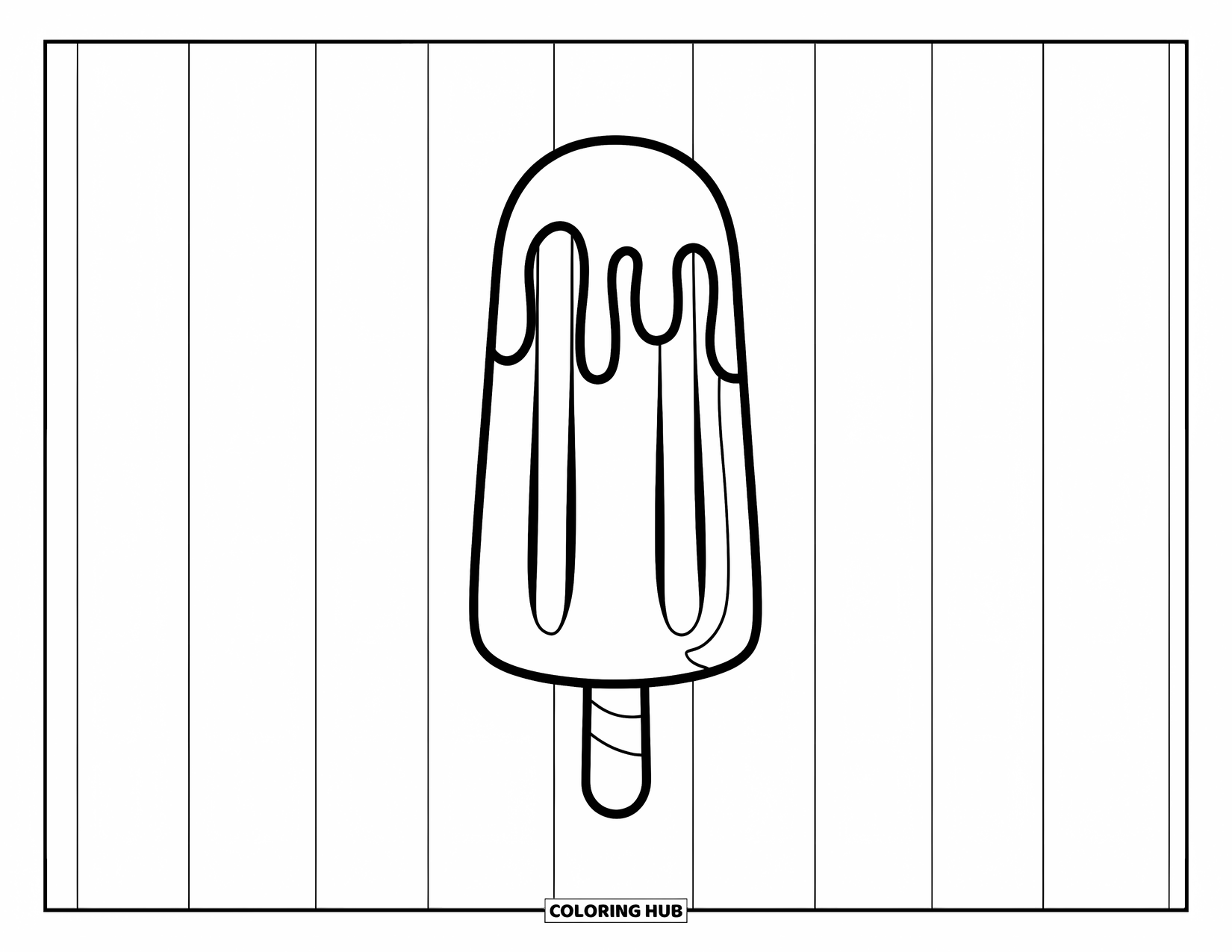 Kleurplaat van een ijslolly voor kinderen: Een heerlijk smeltende ijslolly met druppels, geplaatst voor een gestreepte achtergrond