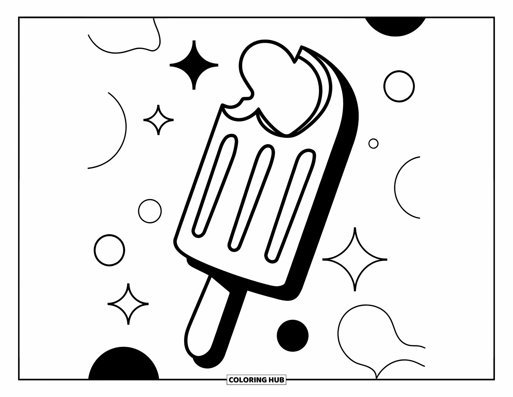 Kleurplaat van een ijslolly voor kinderen: Een heerlijke ijslolly met een hartvormige hap, omcirkeld door sterren en stippen
