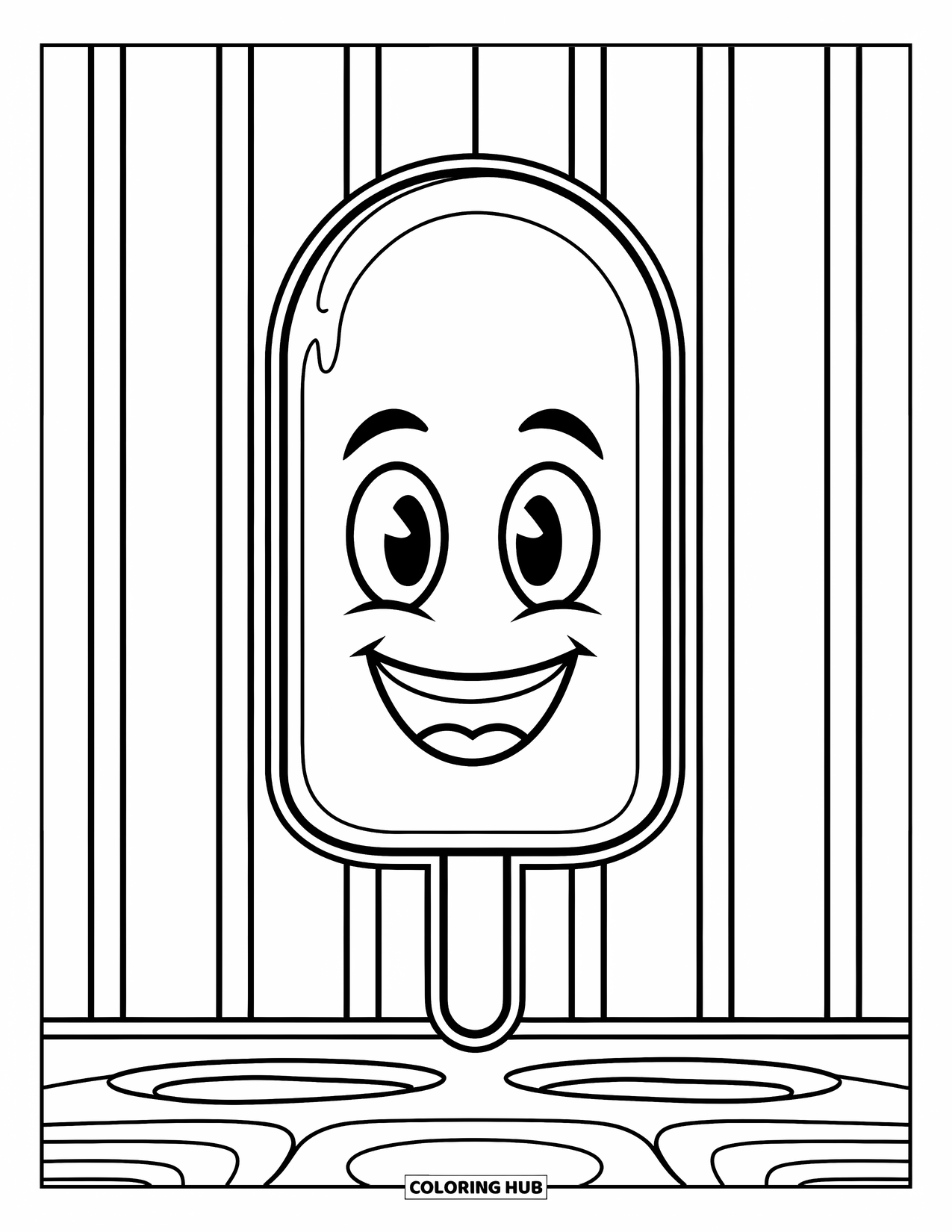 Kleurplaat van een ijslolly voor kinderen: Een vriendelijke ijslolly met een lachend gezicht, staand tegen een gestreepte achtergrond