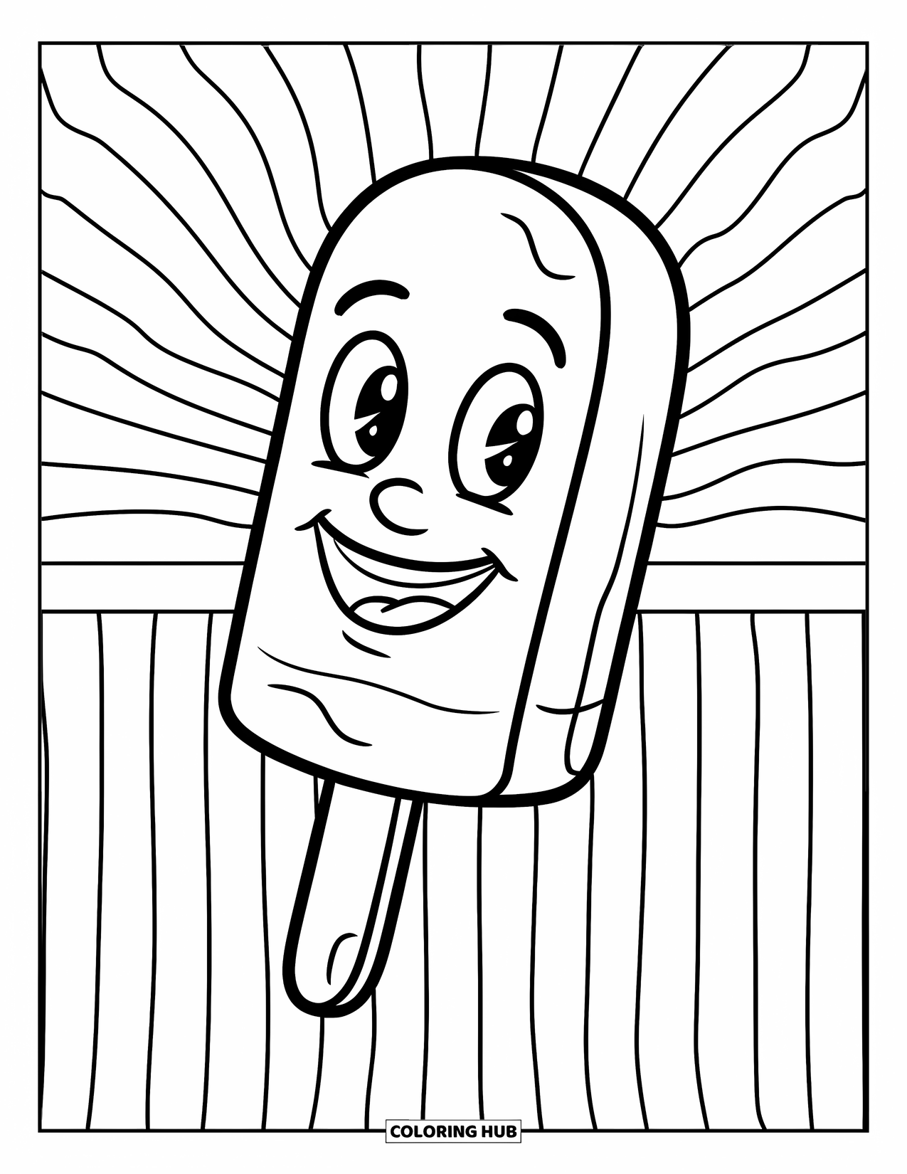 Kleurplaat van een ijslolly voor kinderen: Een vrolijke ijslolly met een grote glimlach, zittend op een gestreepte achtergrond