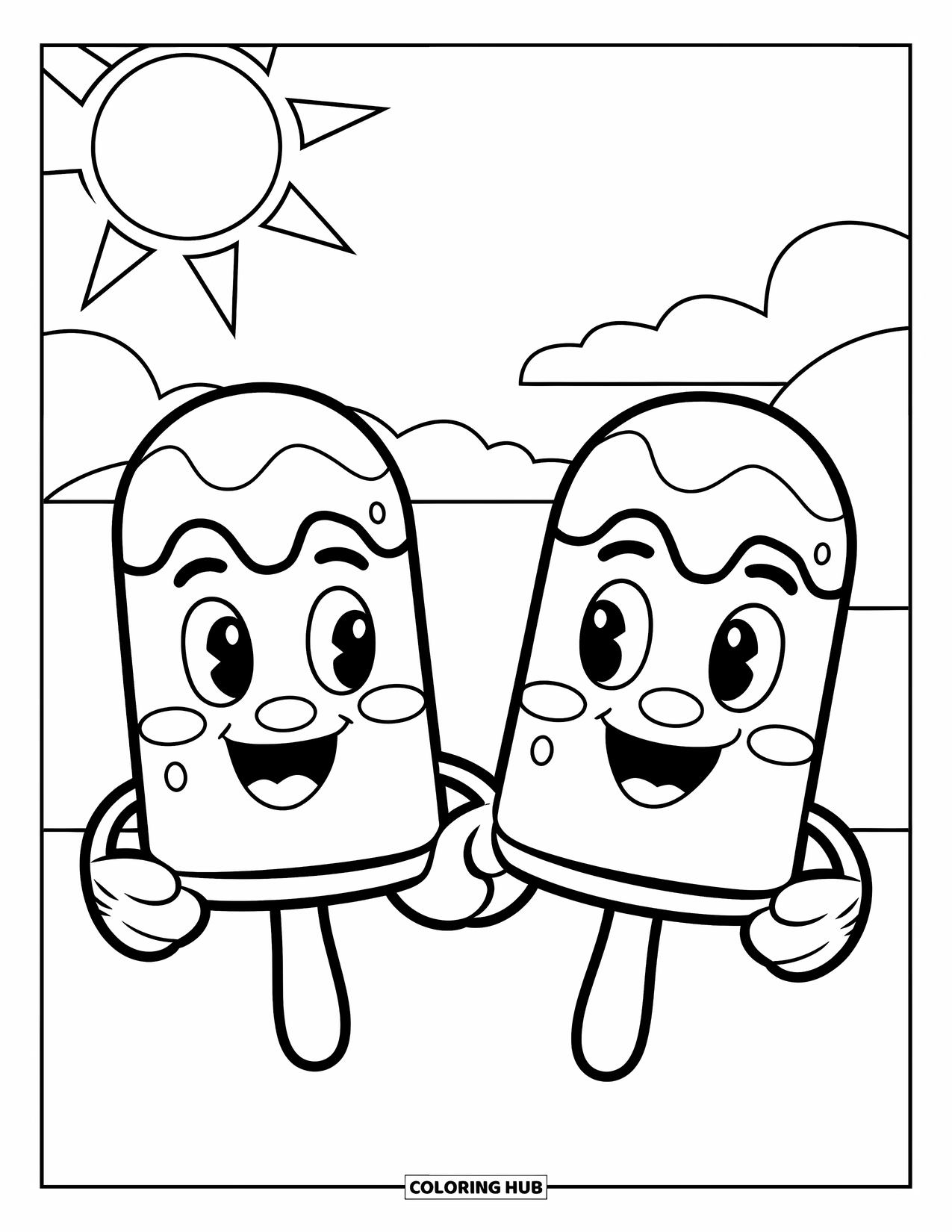 Kleurplaat van een ijslolly voor kinderen: Een vrolijk paar ijslolly's dat elkaars hand vasthoudt onder een warme, zonnige hemel