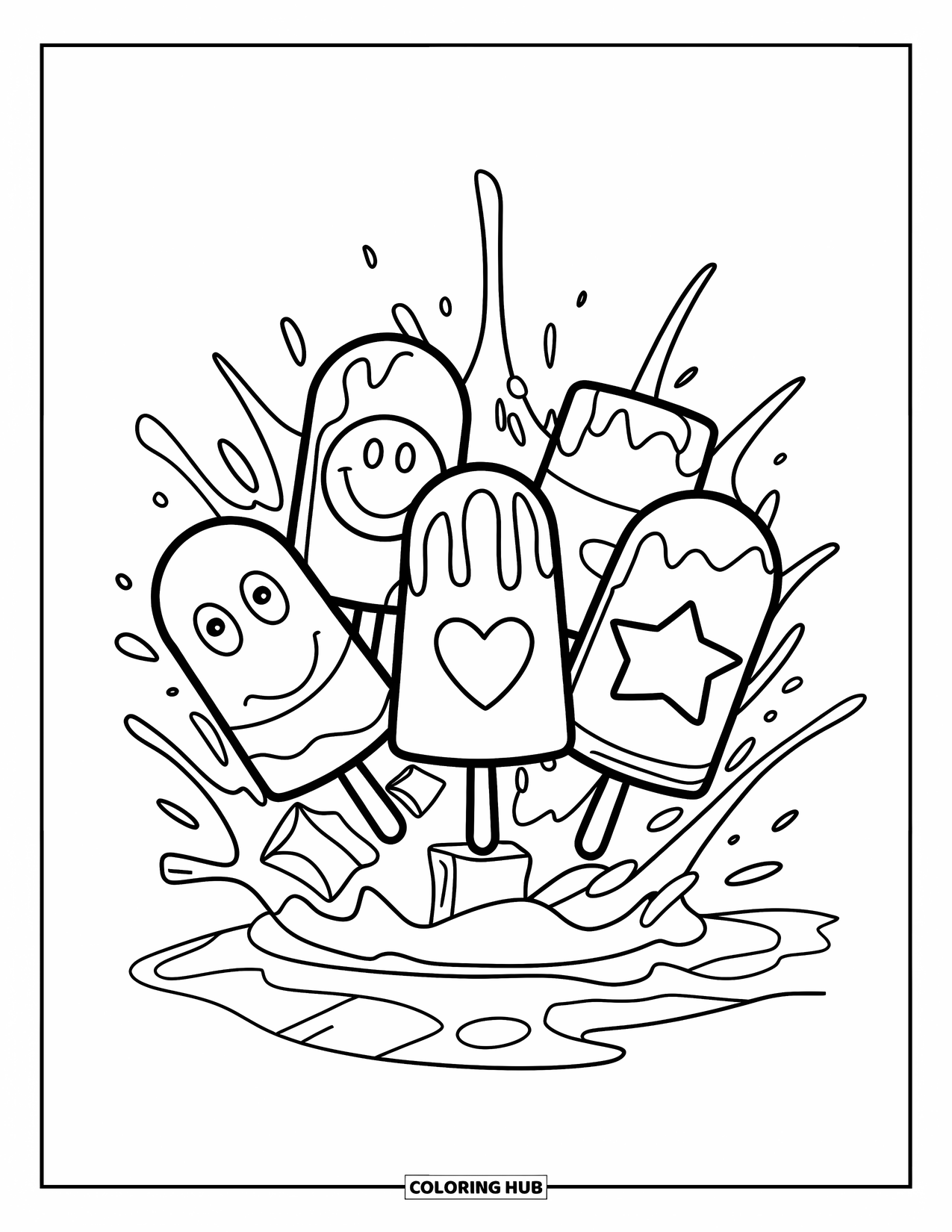 Kleurplaat van een ijslolly voor kinderen: Een levendige waterplas met ijslolly's met speelse patronen en ontwerpen