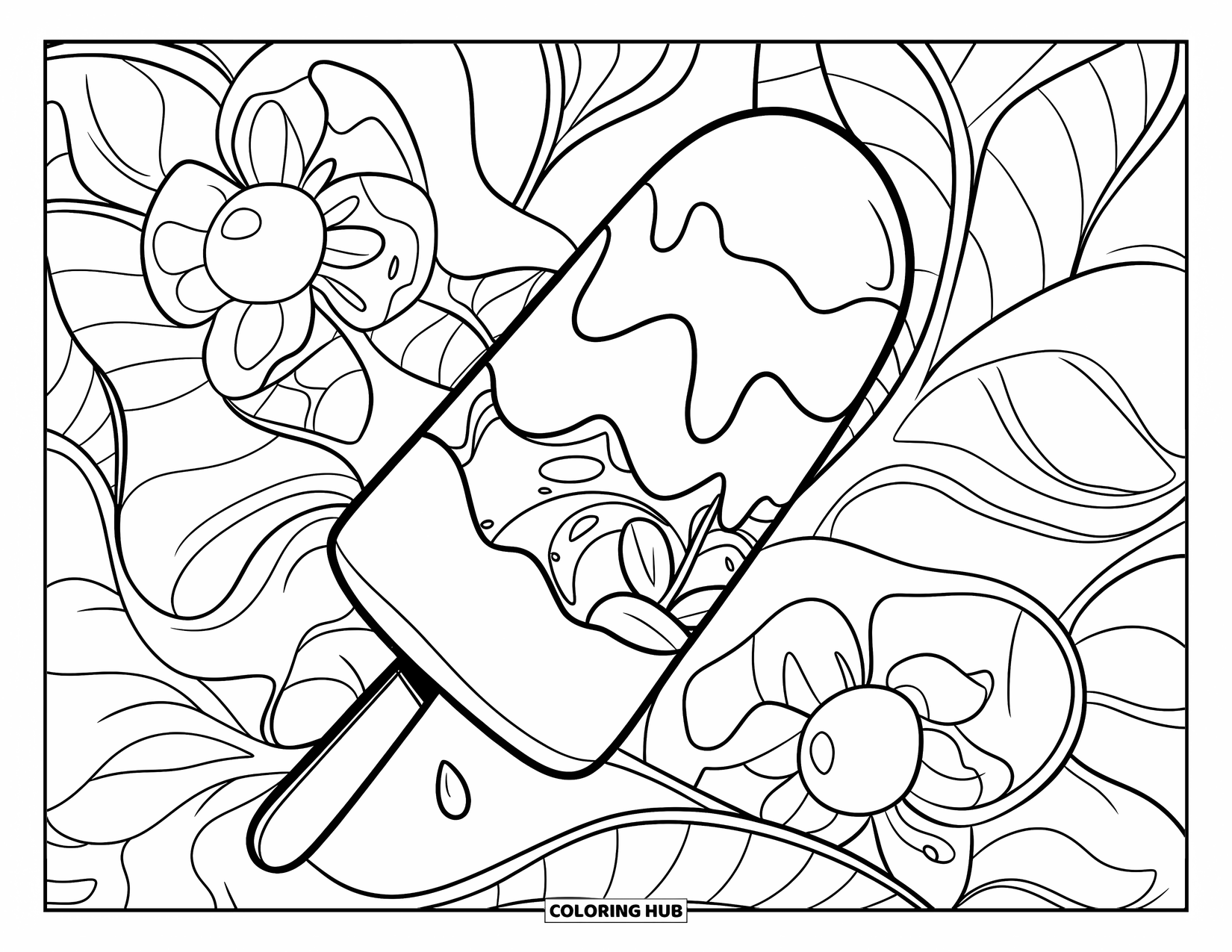 Kleurplaat van een ijslolly voor kinderen: Een smeltende, met fruit gevulde ijslolly met gedetailleerde bloemmotieven op de achtergrond