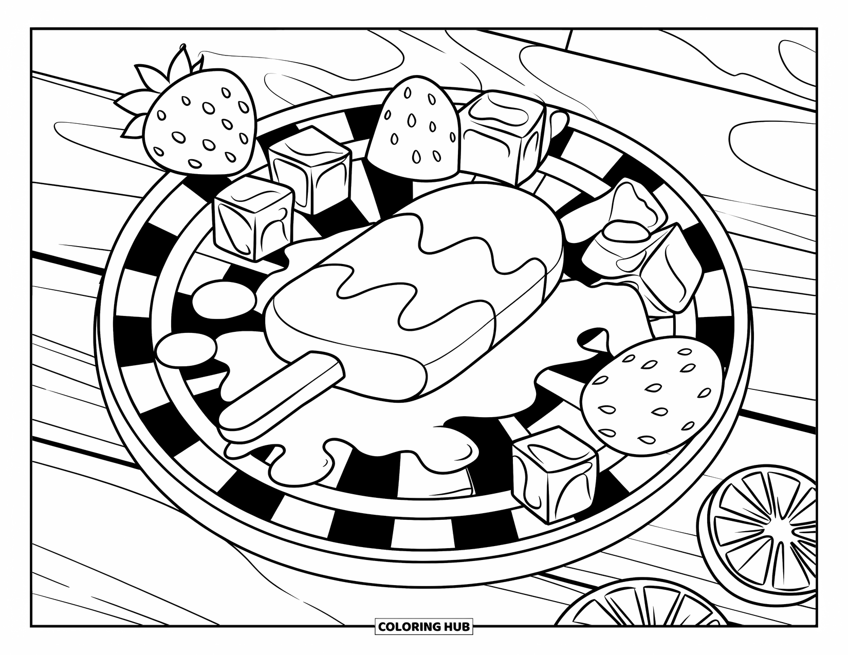 Kleurplaat van een ijslolly voor kinderen: Een smeltende ijslolly die op een geruit bord druipt met fruitschijfjes en ijsblokjes
