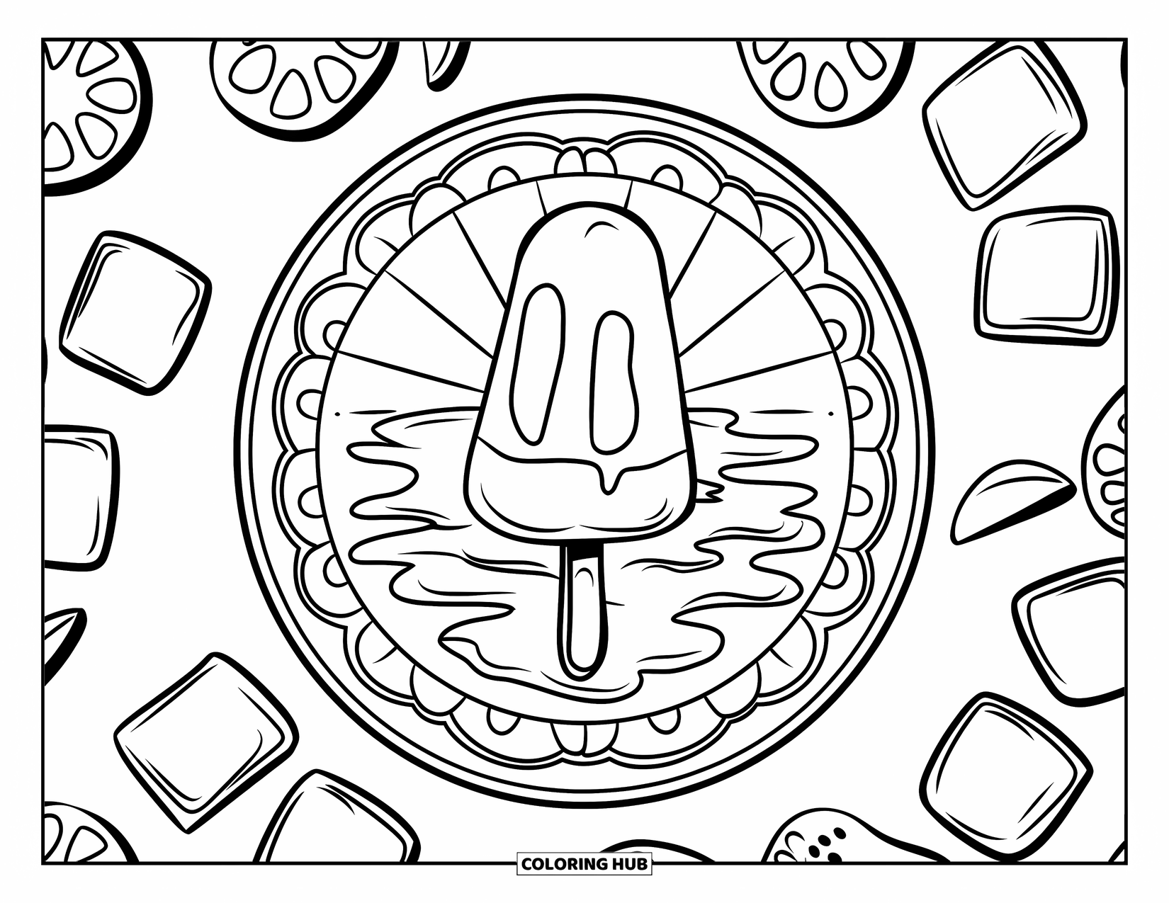 Kleurplaat van een ijslolly voor kinderen: Een smeltende ijslolly die op een decoratief bord druipt, omringd door ijsblokjes en fruitschijfjes