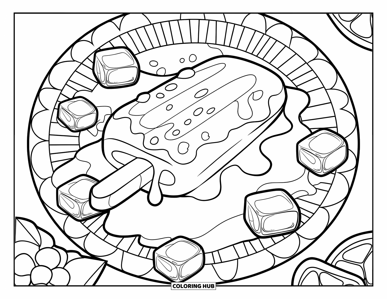 Kleurplaat van een ijslolly voor kinderen: Een smeltende ijslolly op een bord met patroon, omringd door ijsblokjes en fruitschijfjes