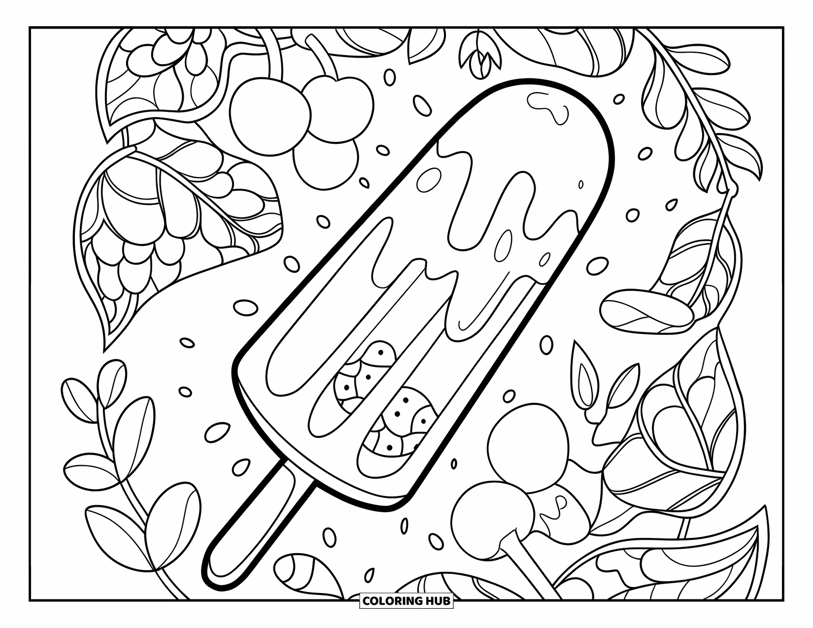 Kleurplaat van een ijslolly voor kinderen: Een smeltende ijslolly met fruitlagen, omringd door ingewikkelde bladeren en bloemen