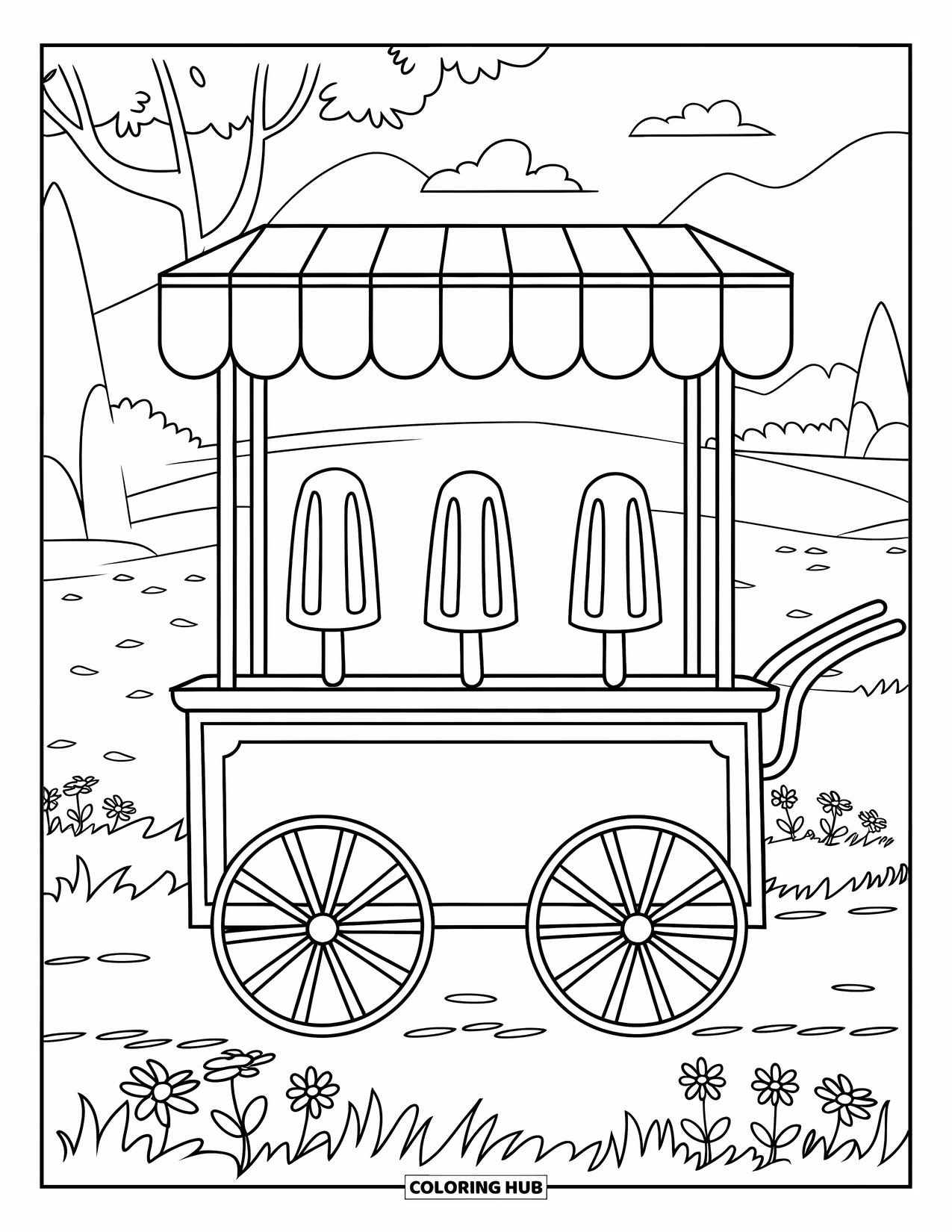 Kleurplaat van een ijslolly voor kinderen: Een ijslollykar met drie bevroren traktaties, gelegen in een schilderachtig landschap met bergen