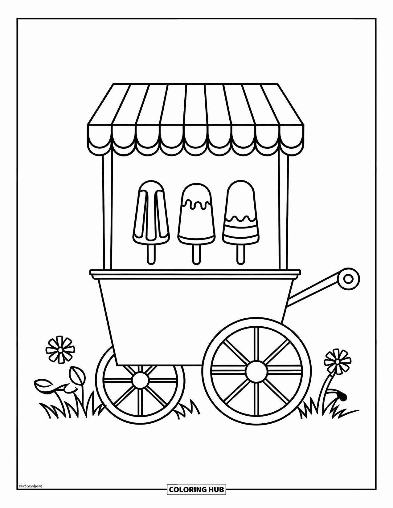 Kleurplaat van een ijslolly voor kinderen: Een ijslollykar met drie bevroren traktaties, omringd door bloemen en gras