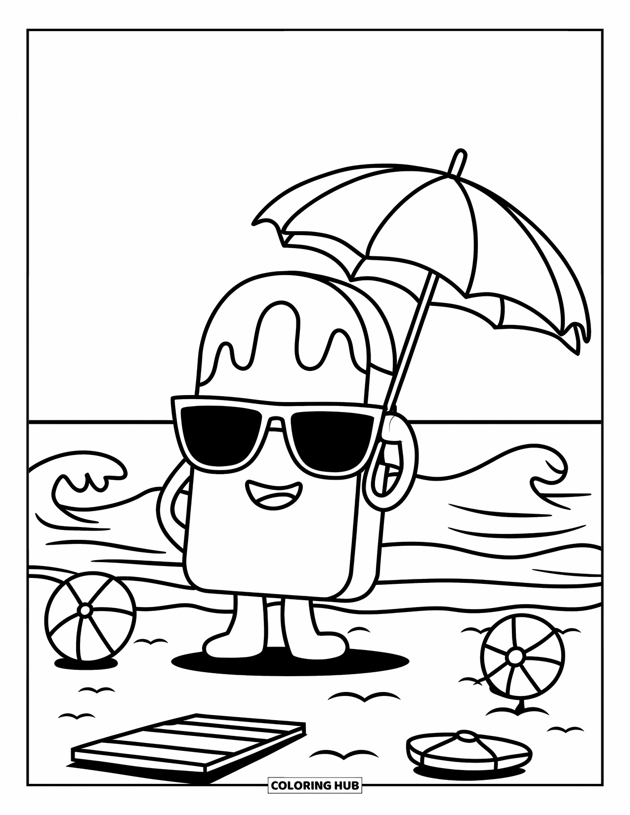 Kleurplaat van een ijslolly voor kinderen: Een ijslollyfiguur met een zonnebril en een mini-paraplu op het strand
