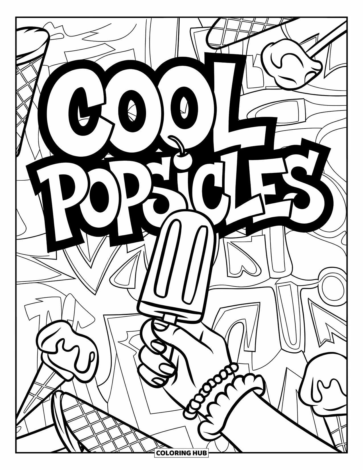 Kleurplaat van een ijslolly voor kinderen: Een hooggehouden ijslolly, met een graffiti-achtergrond en opvallende letters