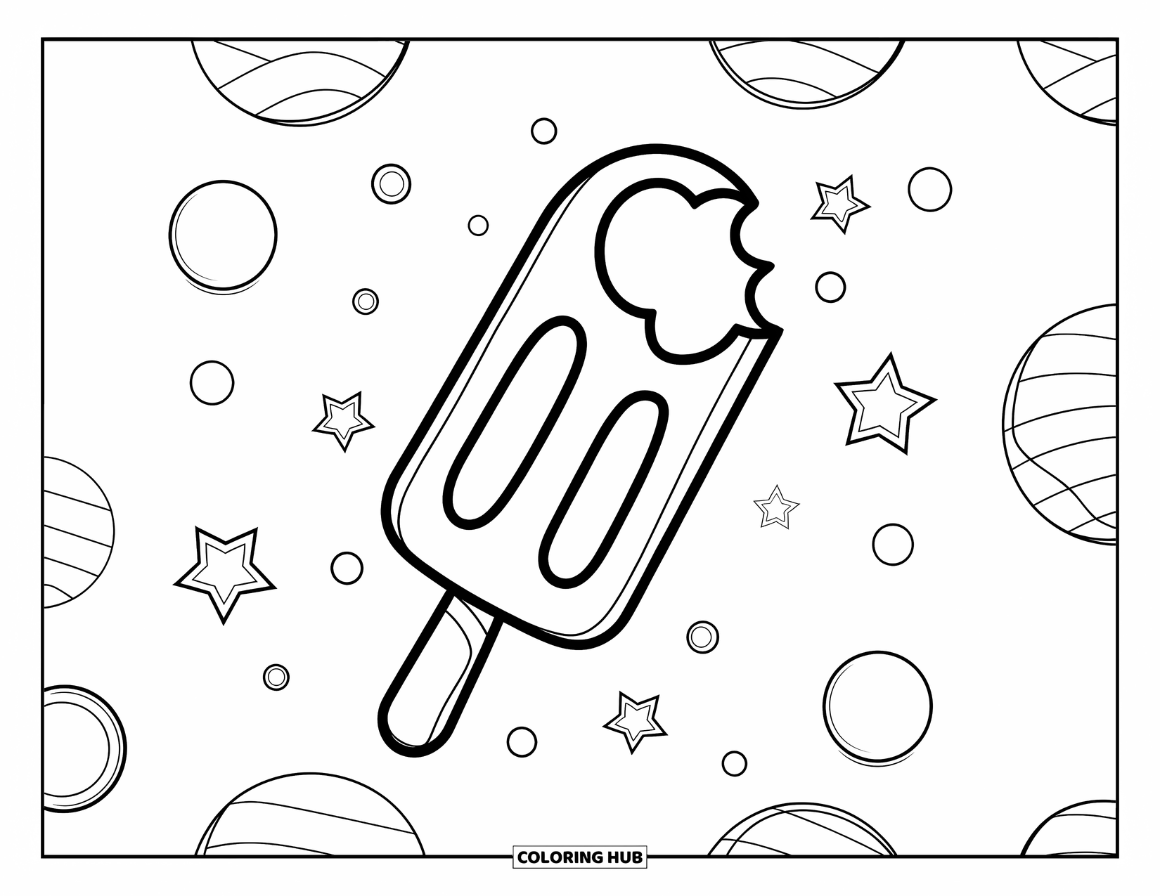 Kleurplaat van een ijslolly voor kinderen: Een ijslolly met een hartvormige hap, omringd door stippen en sterren in een vrolijke scène