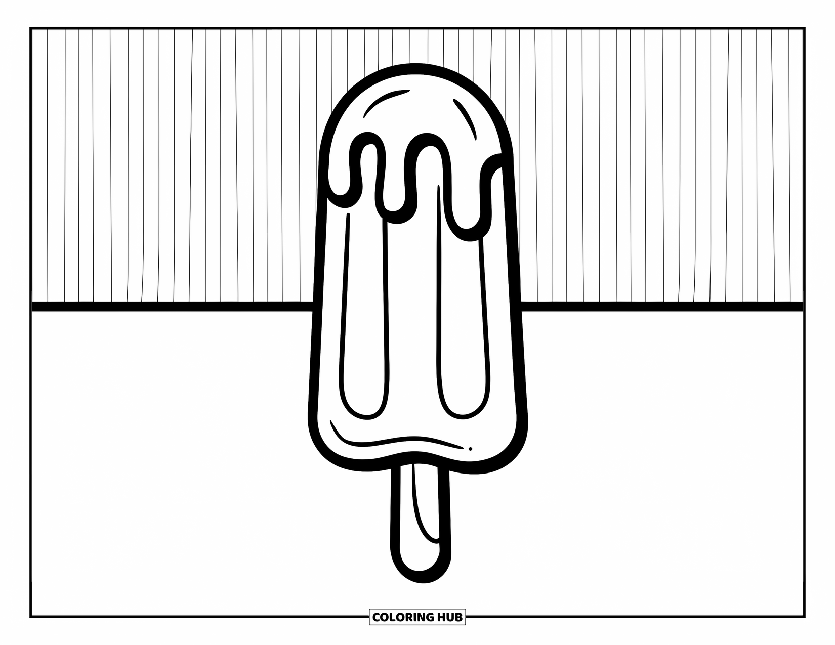 Kleurplaat van een ijslolly voor kinderen: Een ijslolly met smeltende druppels, tegen een gestreepte achtergrond voor een leuk effect