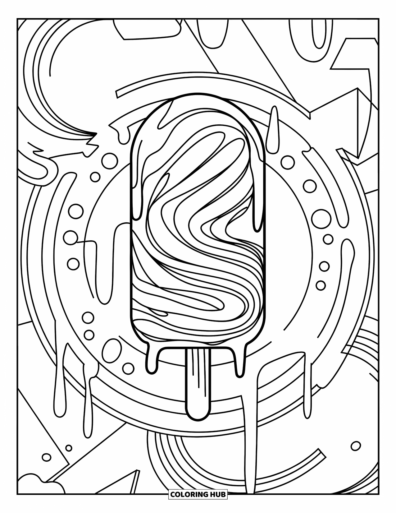 Kleurplaat van een ijslolly voor kinderen: Een regenboog-ijsje dat smelt, tegen een speelse mix van geometrische vormen