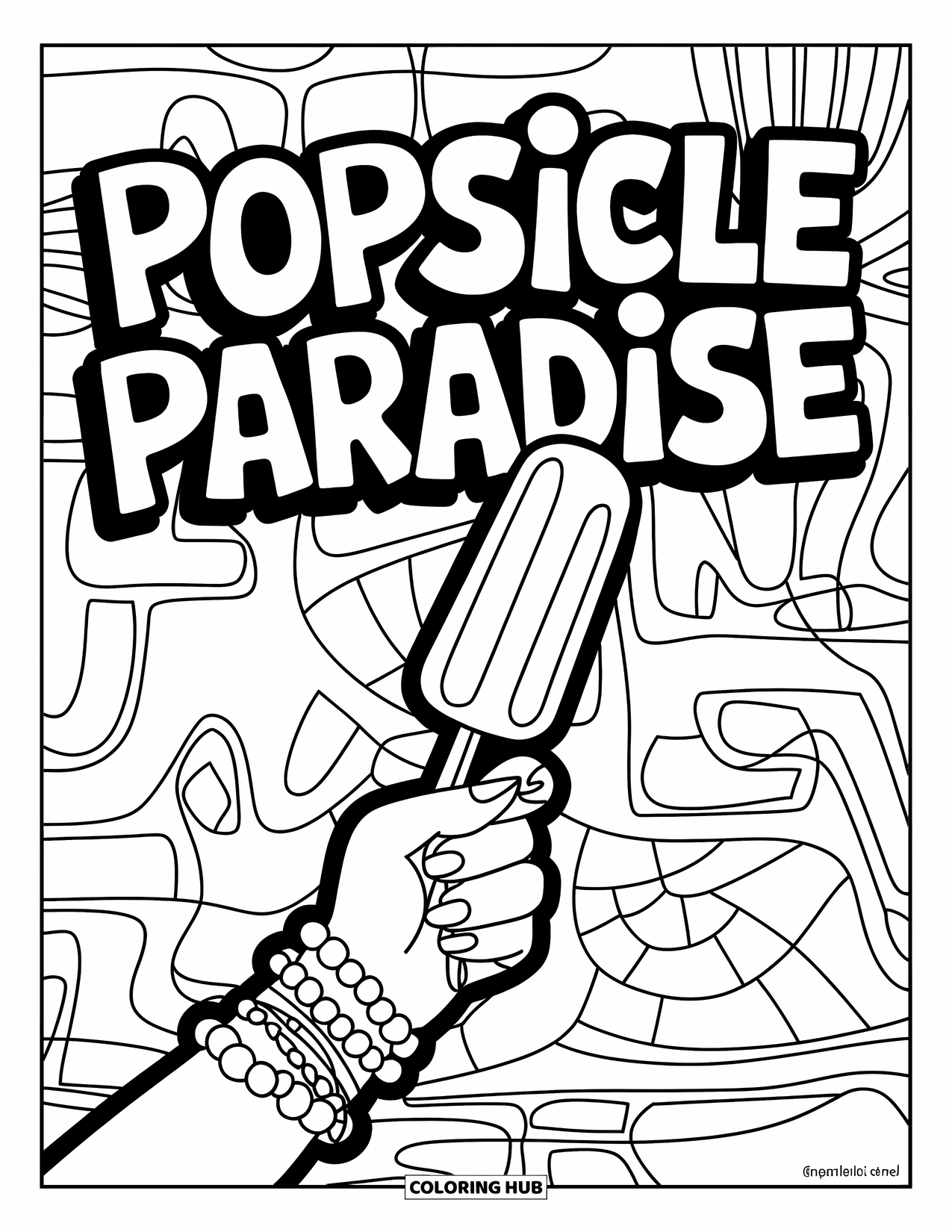 Kleurplaat van een ijslolly voor kinderen: Een stijlvolle hand met armbanden die een ijslolly vasthoudt, tegen een coole graffiti-achtergrond