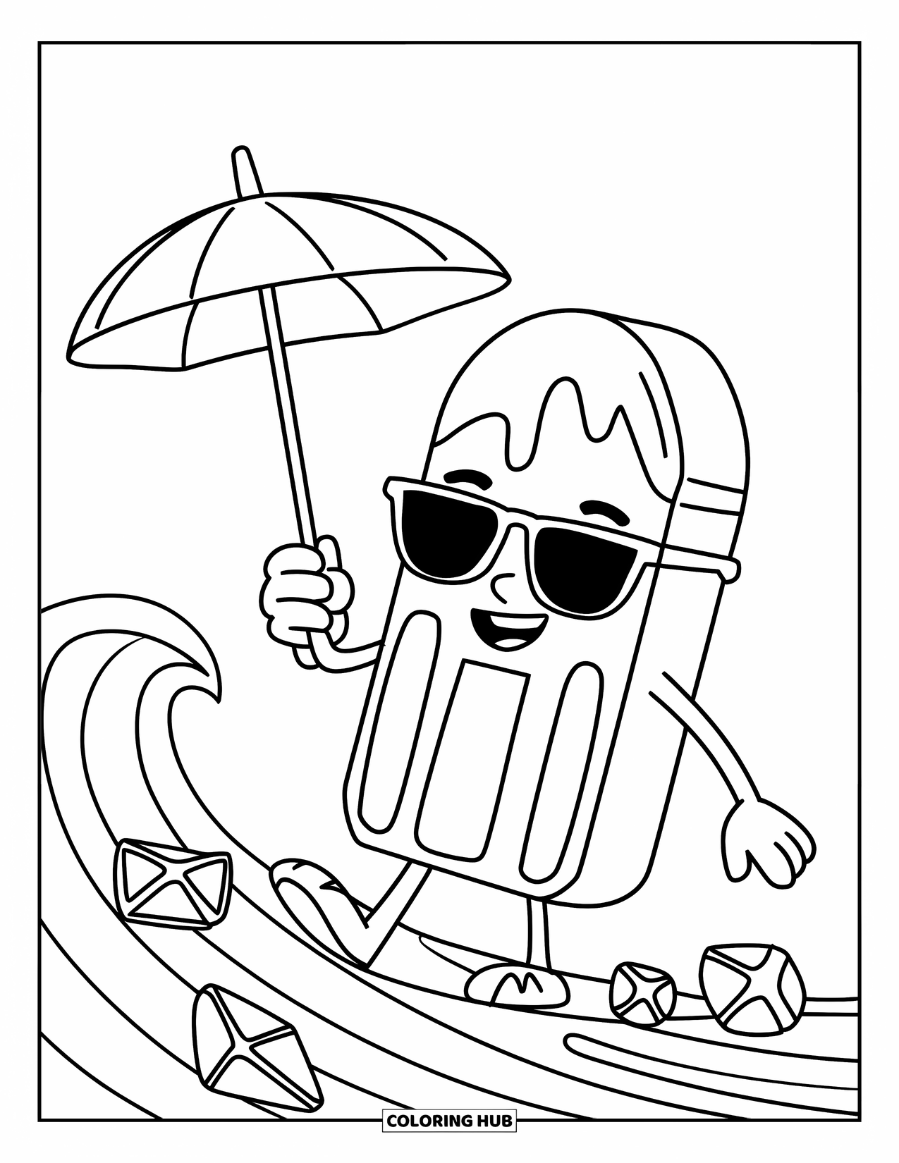 Kleurplaat van een ijslolly voor kinderen: Een stijlvol ijslollyfiguur dat op een golf rijdt met strandspeelgoed eromheen
