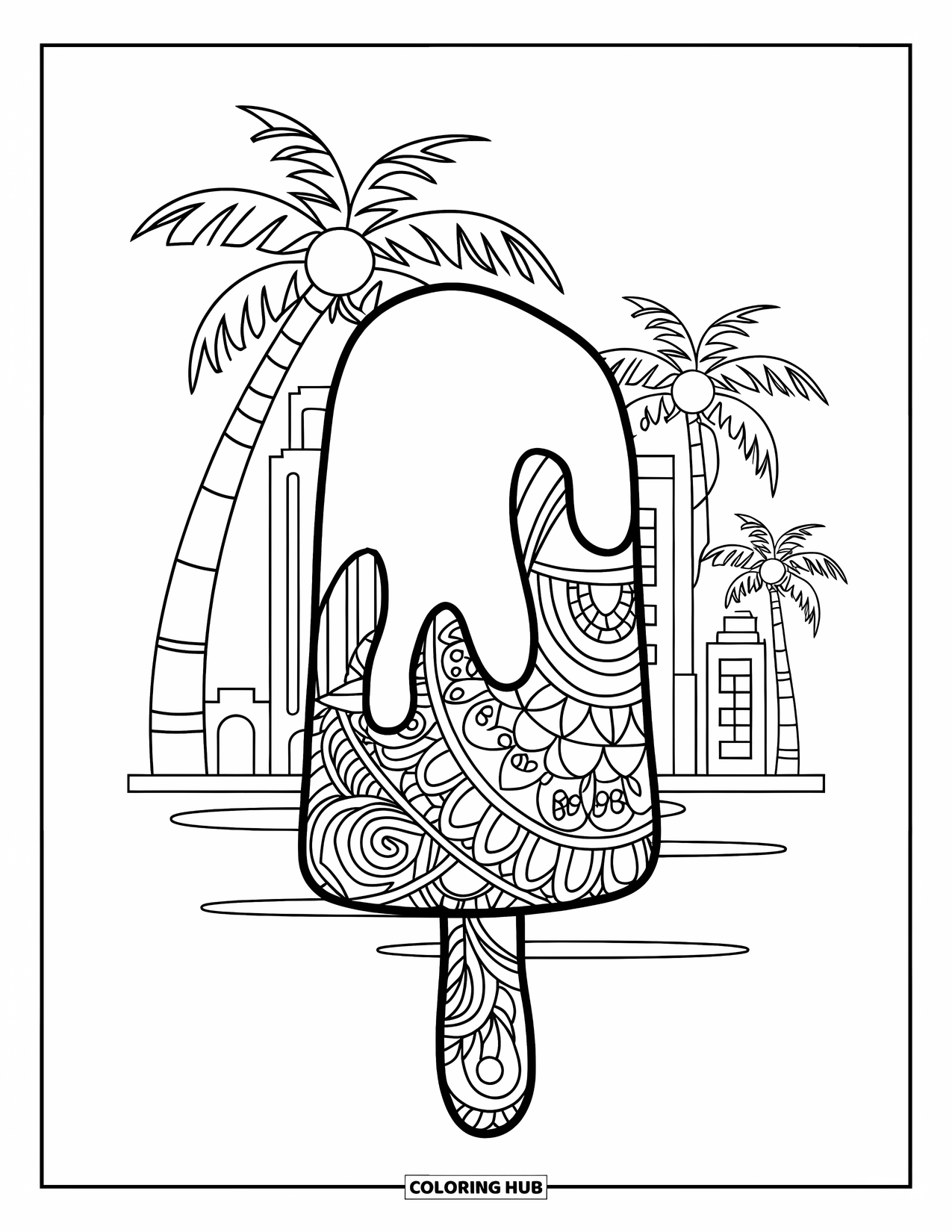 Kleurplaat van een ijslolly voor kinderen: Een stijlvolle ijslolly met artistieke patronen, tegen een zomerse stadsachtergrond