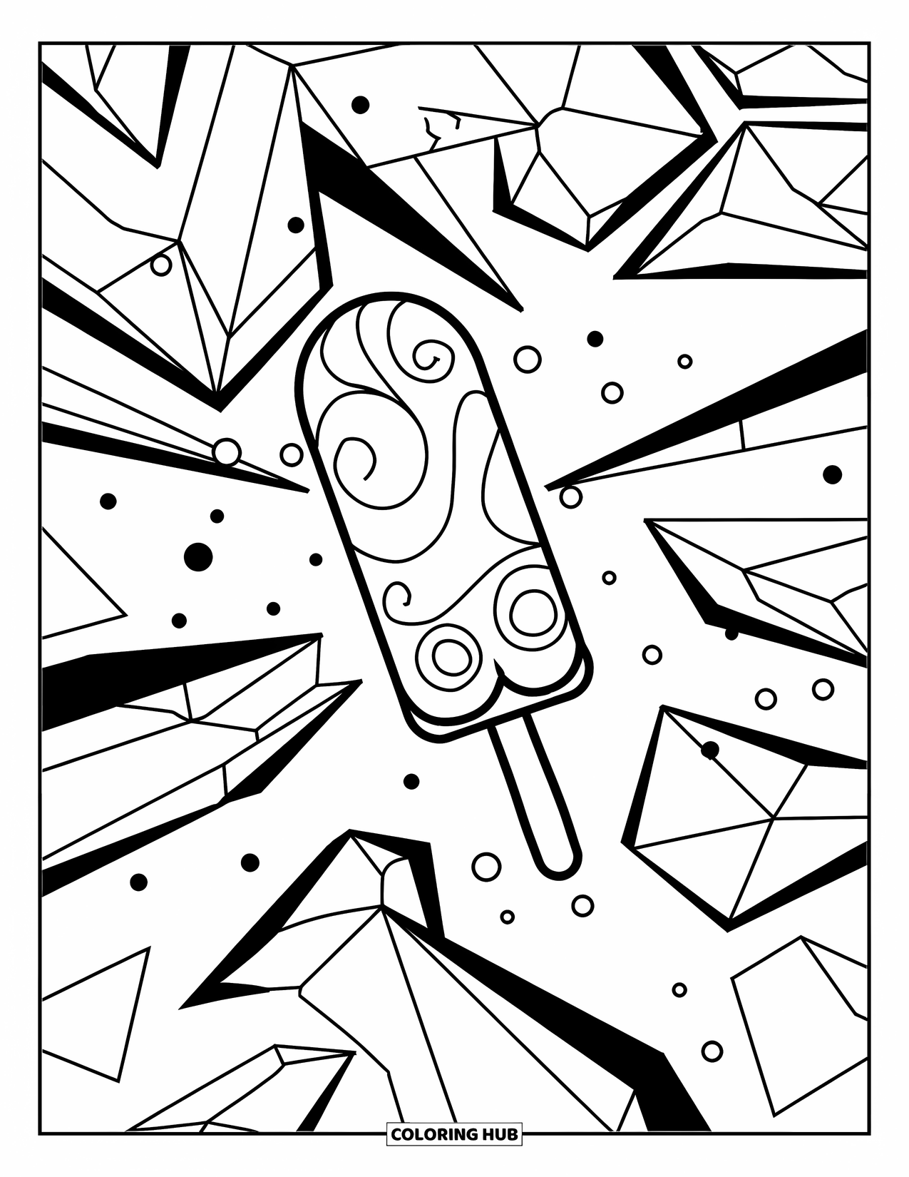 Kleurplaat van een ijslolly voor kinderen: Een stijlvolle ijslolly met druipende wervelingen, omringd door gedurfde geometrische patronen