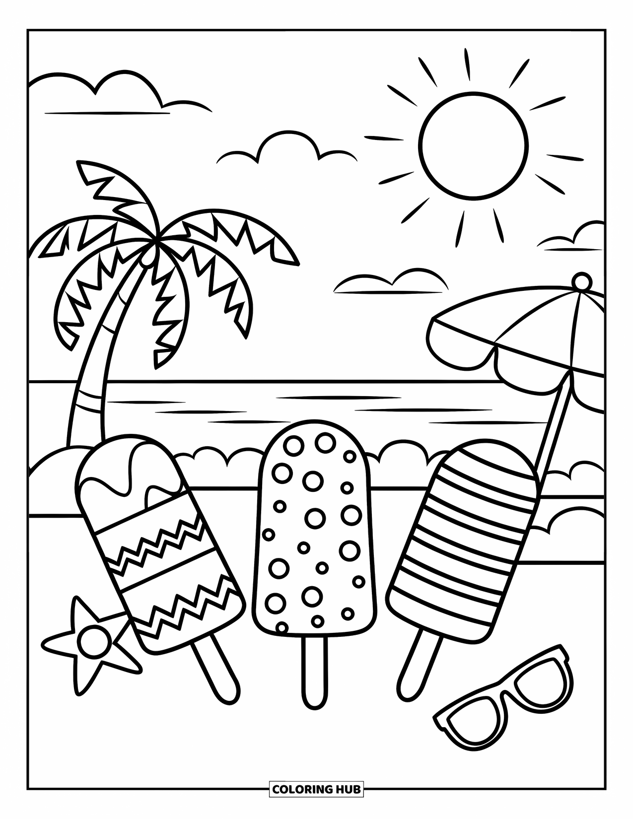 Kleurplaat van een ijslolly voor kinderen: Een trio leuke ijslolly's met unieke patronen, tegen een heldere strandachtergrond