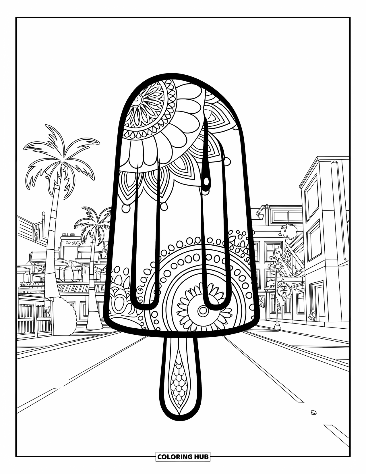 Kleurplaat van een ijslolly voor kinderen: Een artistieke ijslolly met mandala-patronen, geplaatst voor een schilderachtige zomerstad