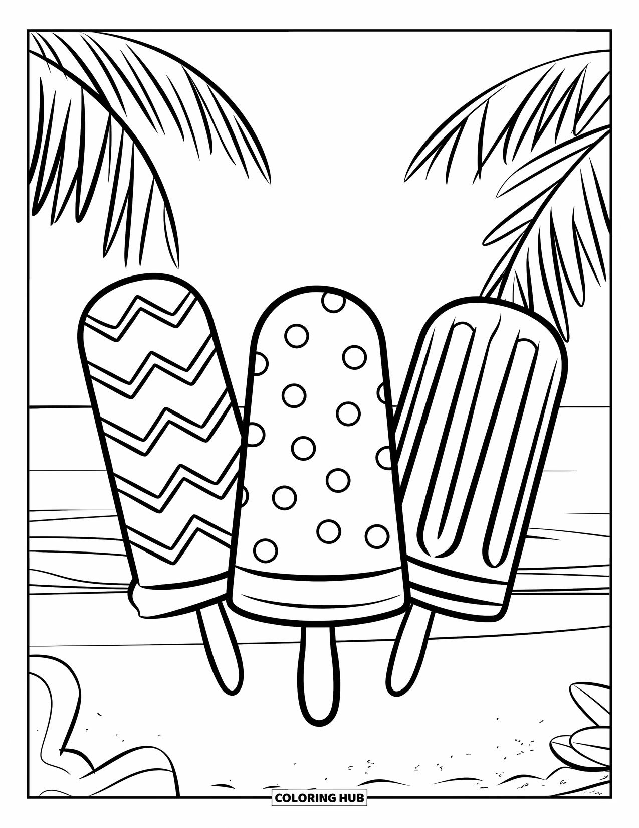 Kleurplaat van een ijslolly voor kinderen: Drie ijslolly's met patronen die rusten op een zandstrand met palmbomen