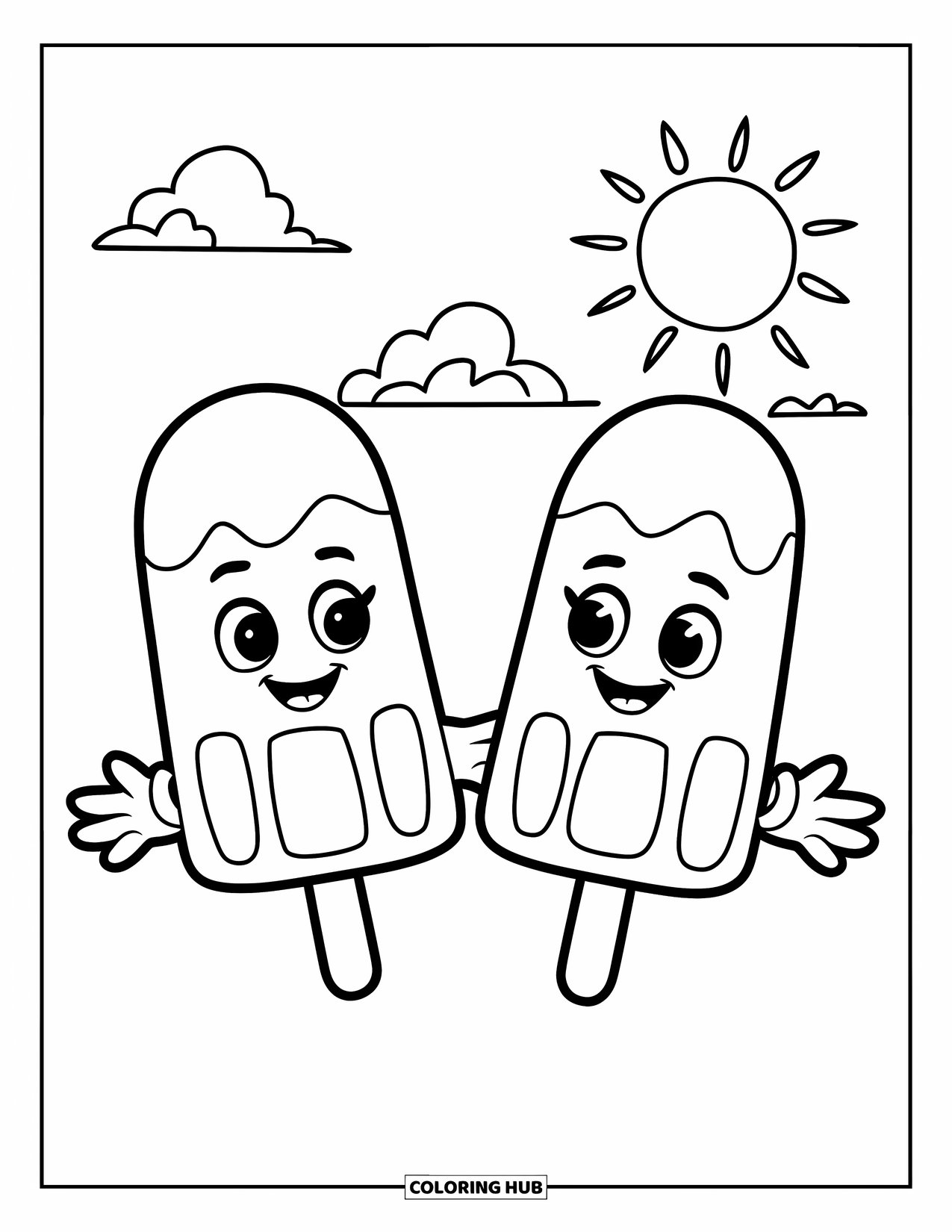 Kleurplaat van een ijslolly voor kinderen: Twee ijslolly's die elkaars hand vasthouden, tegen een heldere, vrolijke hemel met zachte wolken