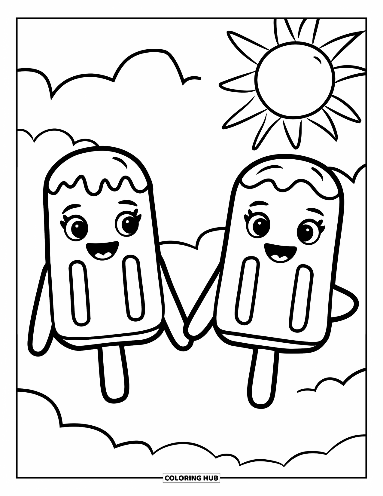 Kleurplaat van een ijslolly voor kinderen: Twee lachende ijslolly's die elkaars hand vasthouden, genietend van een heldere en zonnige dag
