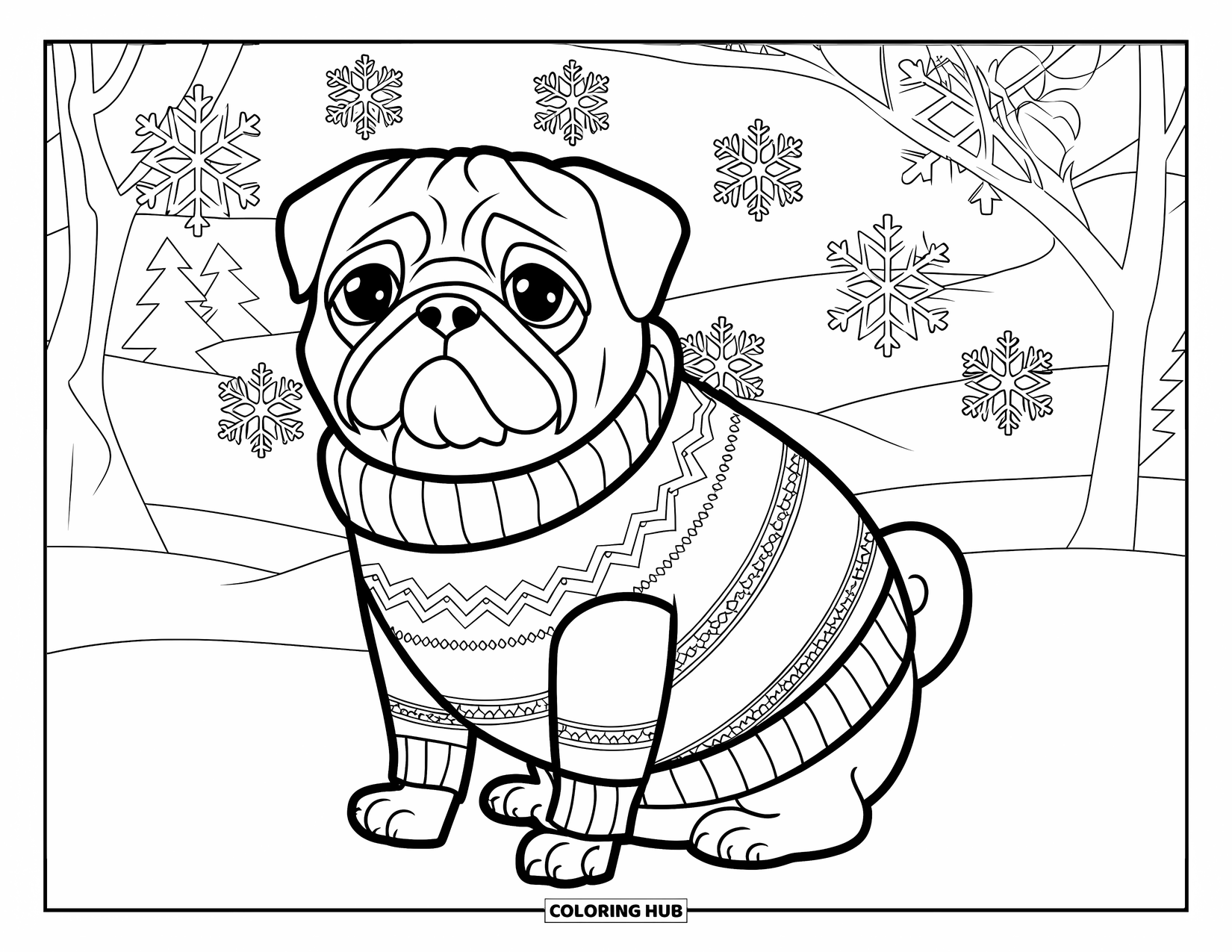 Desenho de Pug para Colorir para Adultos: Um pug agasalhado senta-se em uma paisagem nevada com árvores e flocos de neve rodopiantes