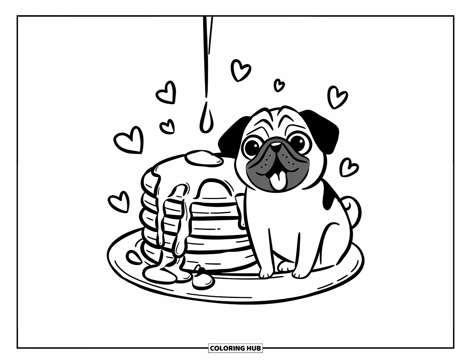 Desenho de Pug para Colorir para Adultos: Um pug alegre senta-se ao lado de uma pilha alta de panquecas, com calda escorrendo