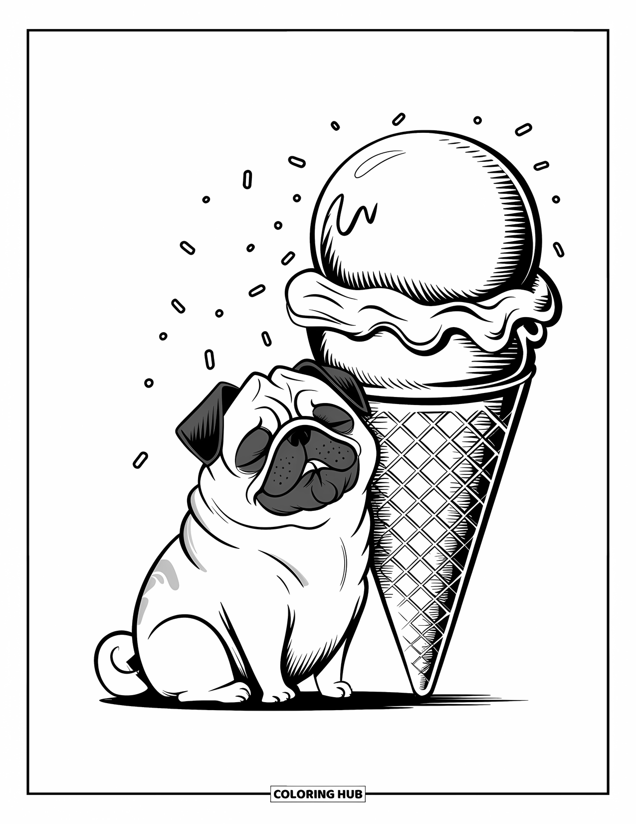 Desenho de Pug para Colorir para Adultos: Um pug gordinho desfruta de um cone de sorvete gigante, com granulados flutuando ao redor